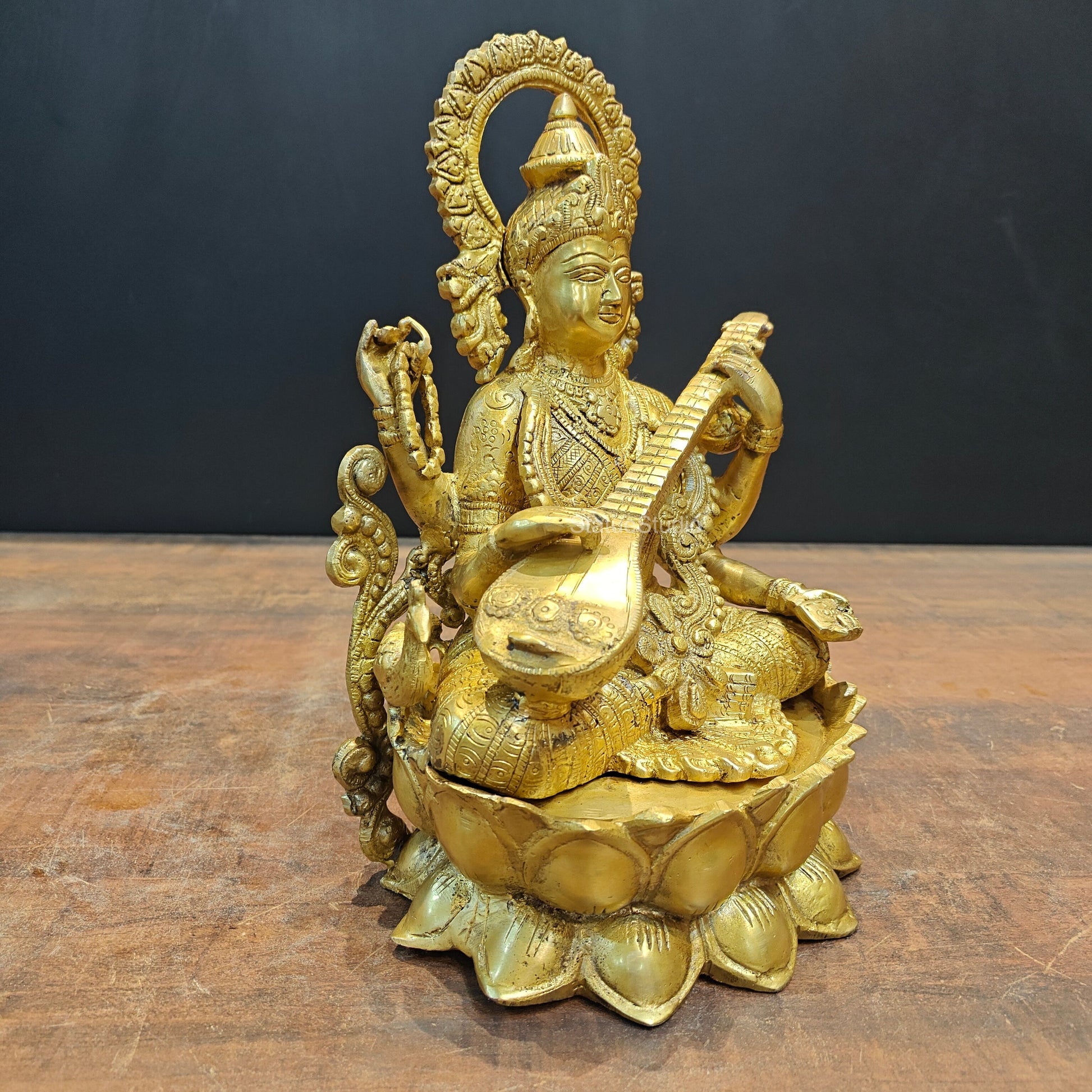 Brass Goddess Saraswati Idol Sitting On Lotus Base 1 Feet - Image 4
