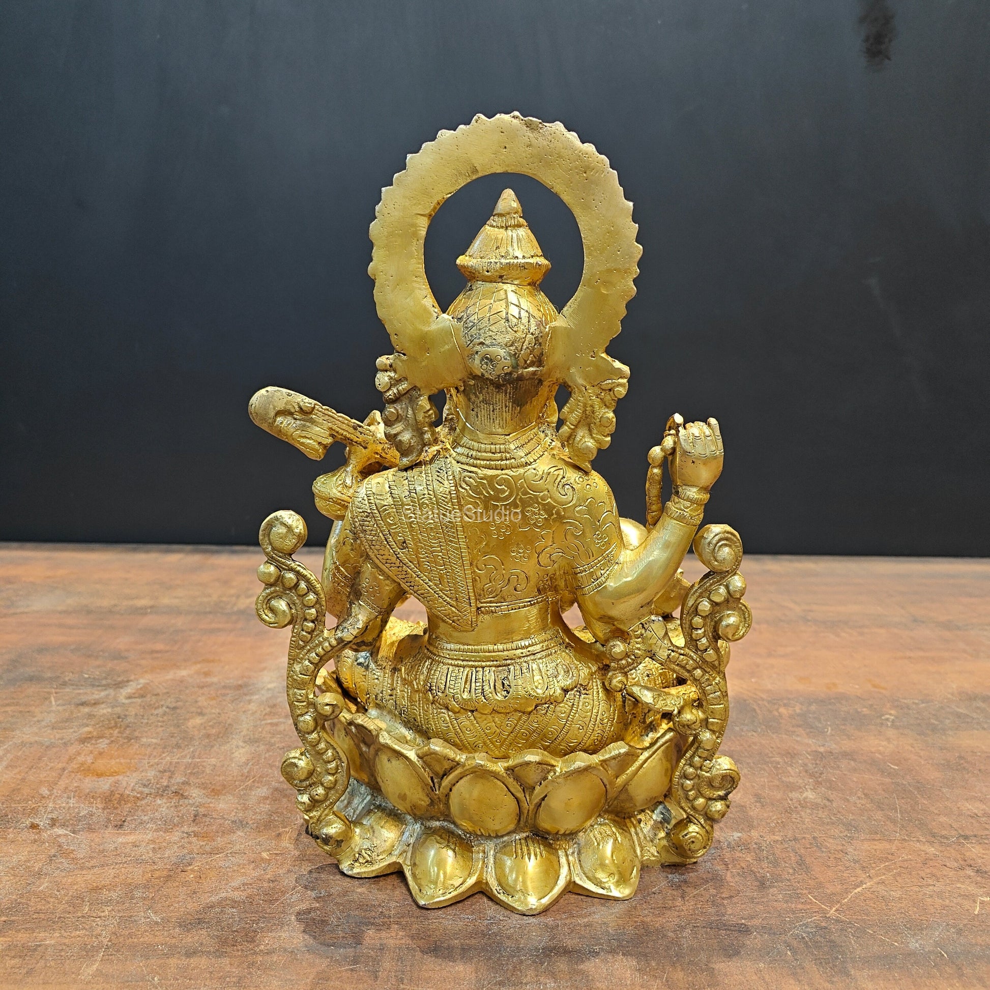 Brass Goddess Saraswati Idol Sitting On Lotus Base 1 Feet - Image 5