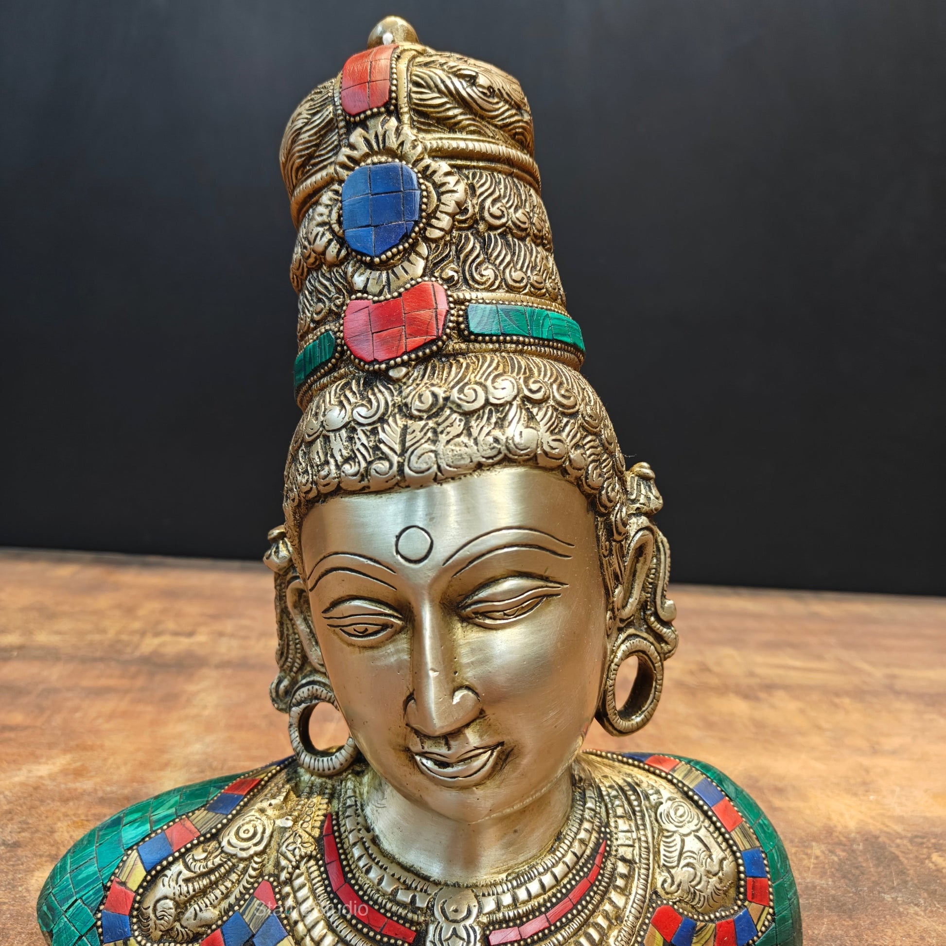 Brass Devi Parvati Bust Stone Work Sculpture 1 Feet - Image 2
