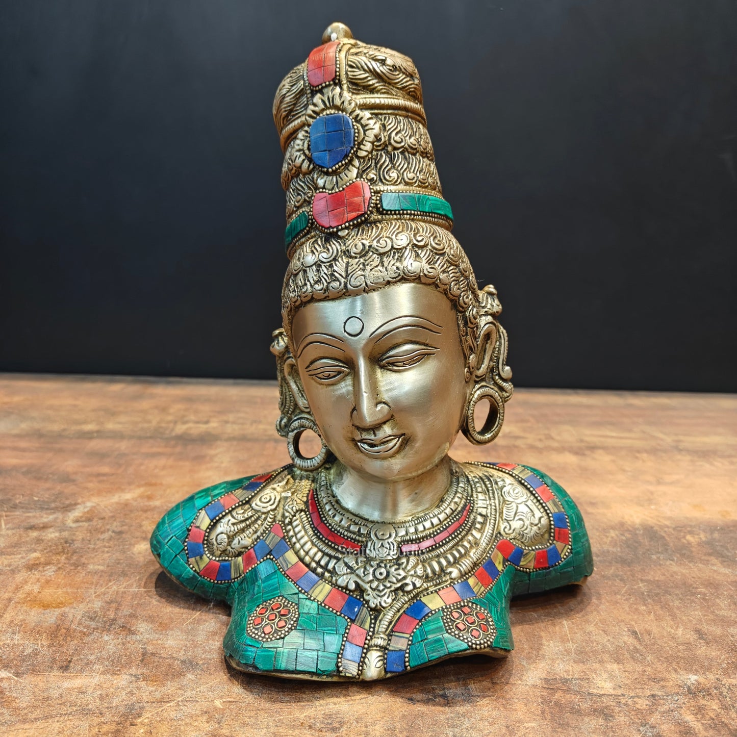 Brass Devi Parvati Bust Stone Work Sculpture 1 Feet