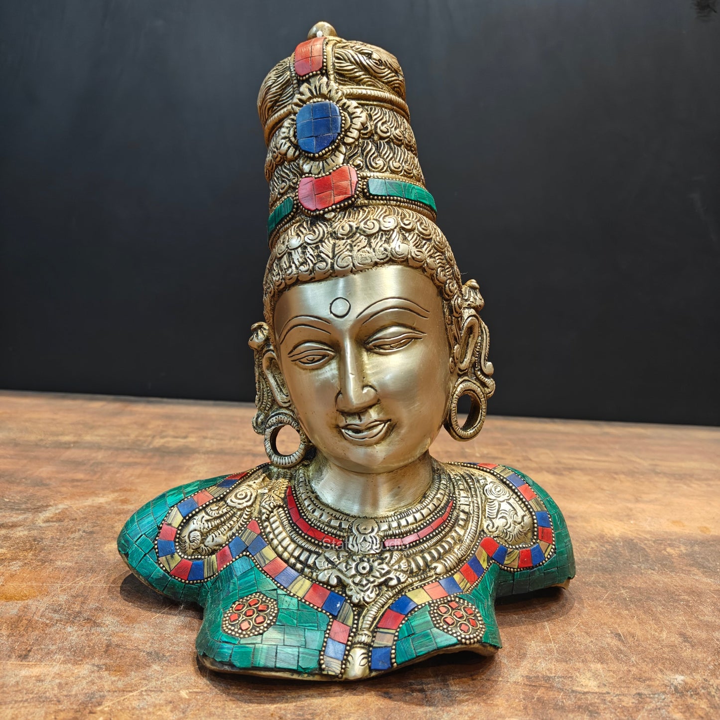 Brass Devi Parvati Bust Stone Work Sculpture 1 Feet