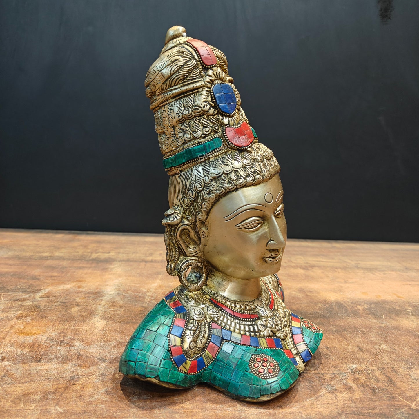 Brass Devi Parvati Bust Stone Work Sculpture 1 Feet