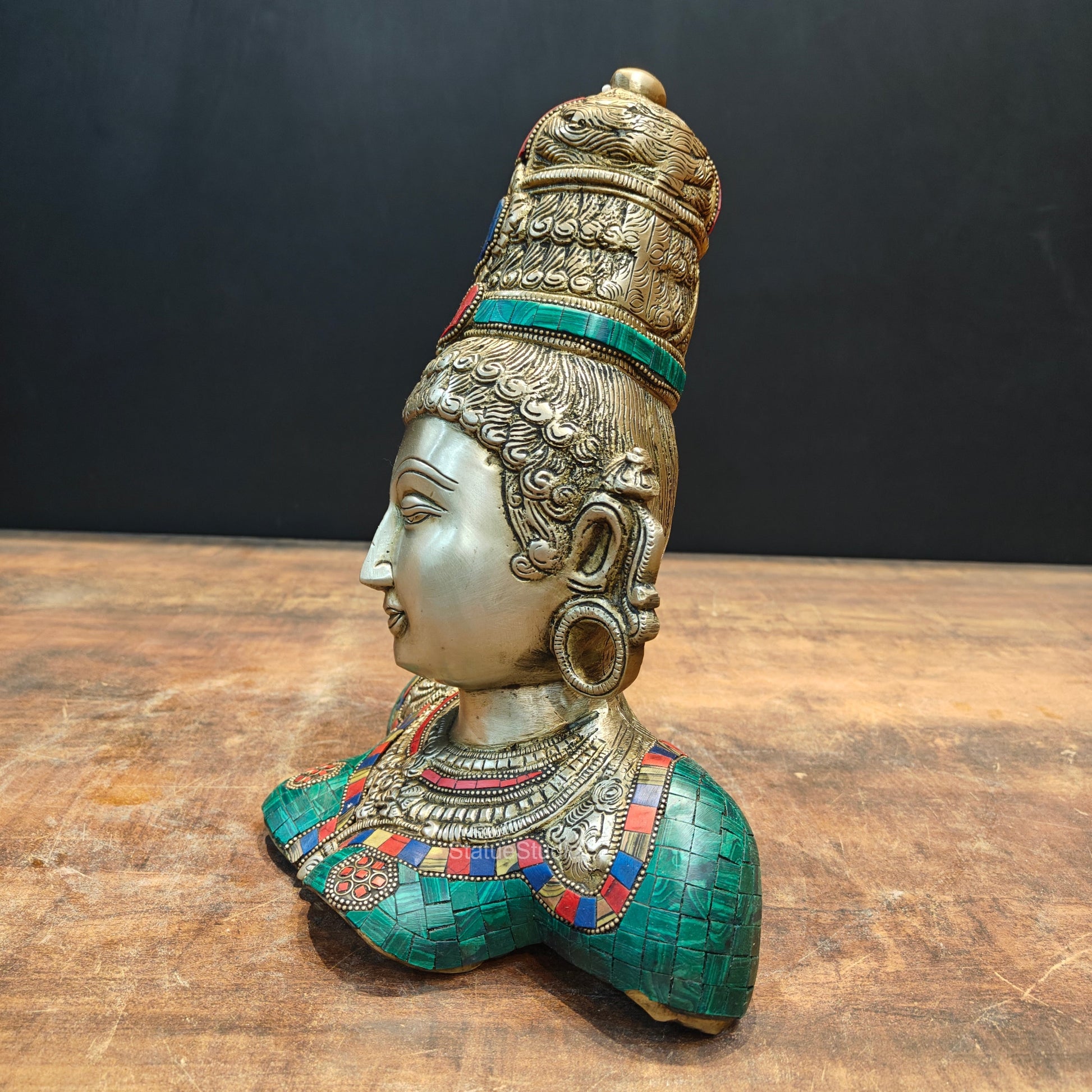 Brass Devi Parvati Bust Stone Work Sculpture 1 Feet - Image 6