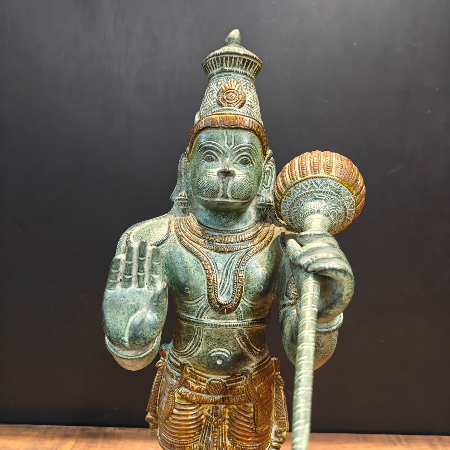 Brass Hanuman Statue Blessing Mudra Antique Patina Finish 22 Inches