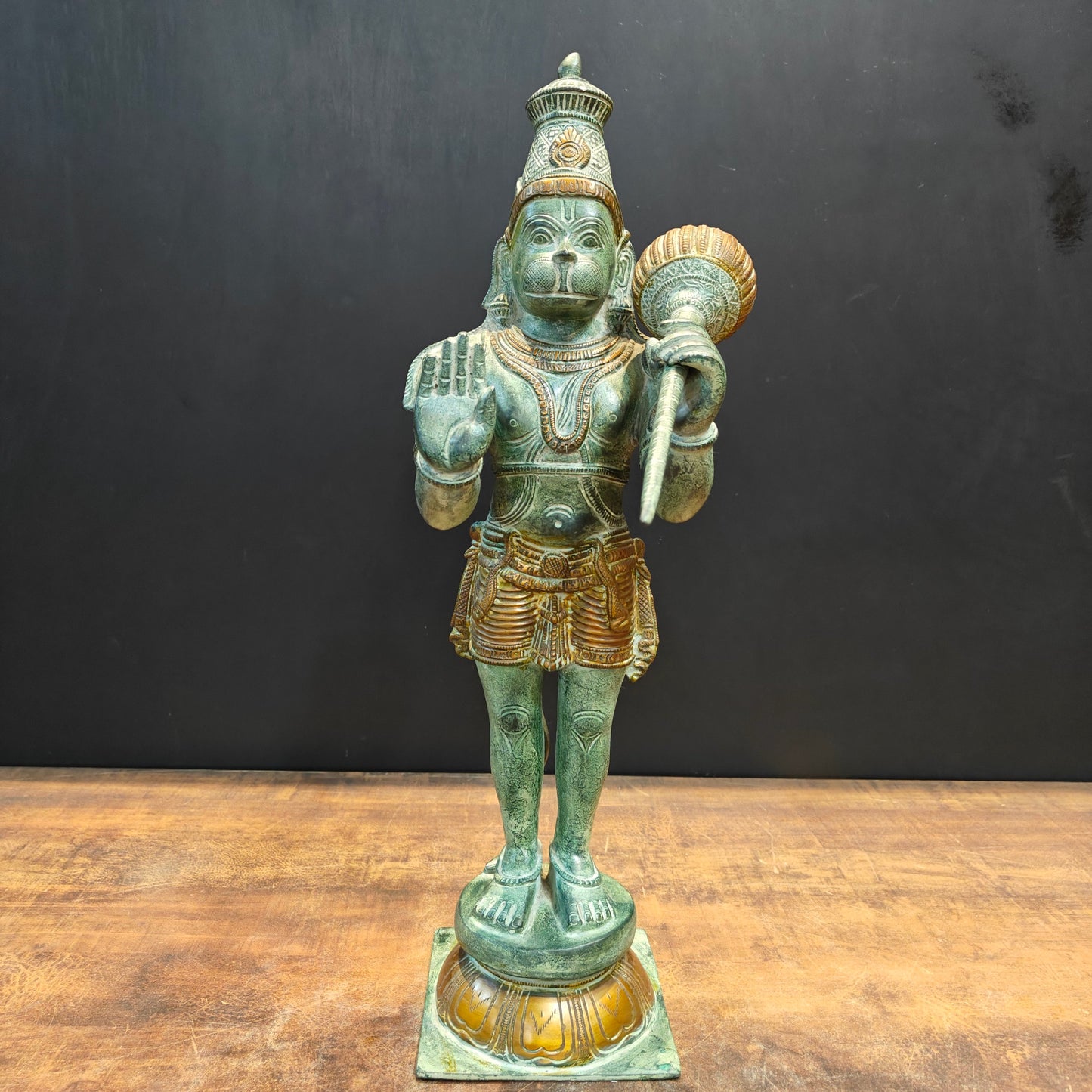Brass Hanuman Statue Blessing Mudra Antique Patina Finish 22 Inches