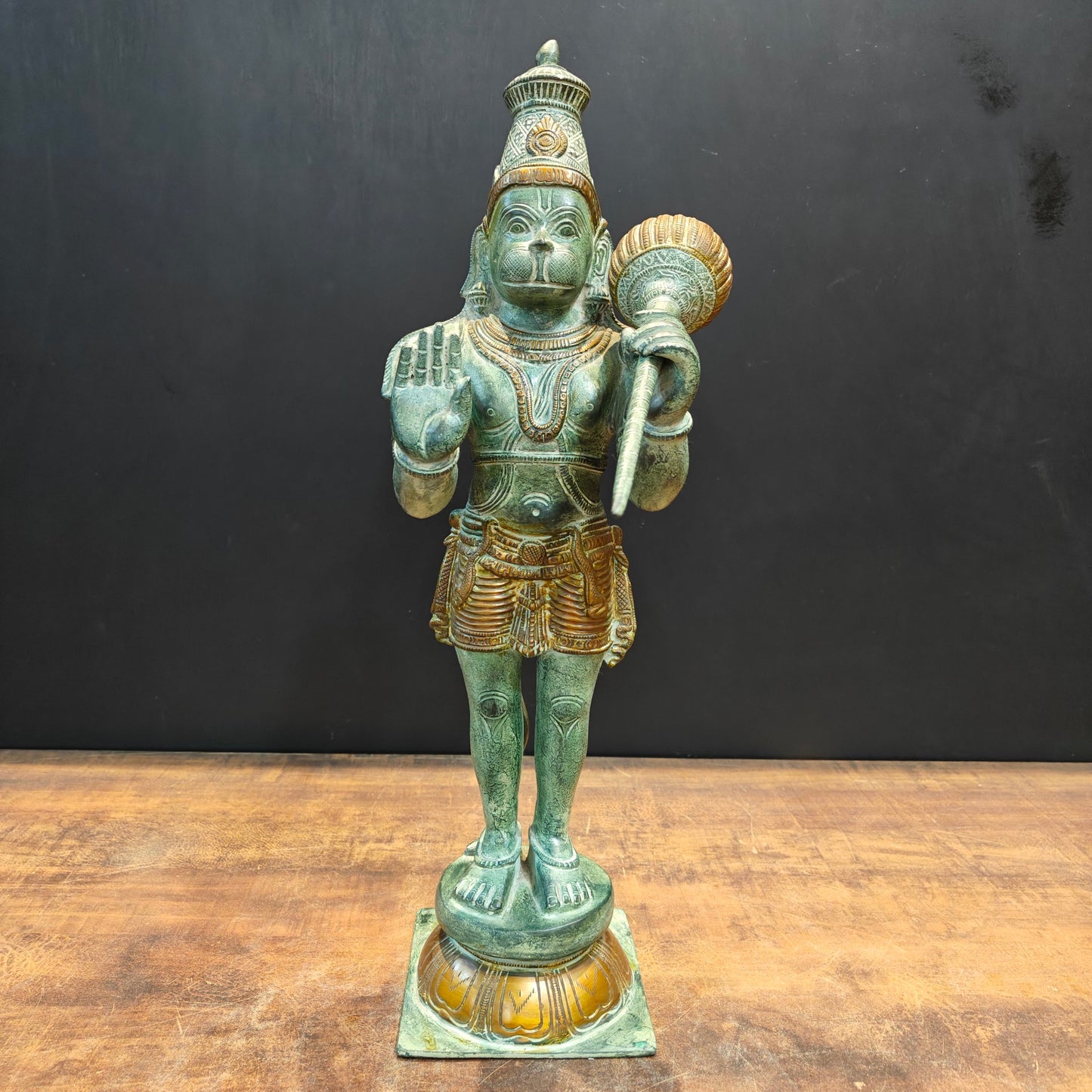 Brass Hanuman Statue Blessing Mudra Antique Patina Finish 22 Inches