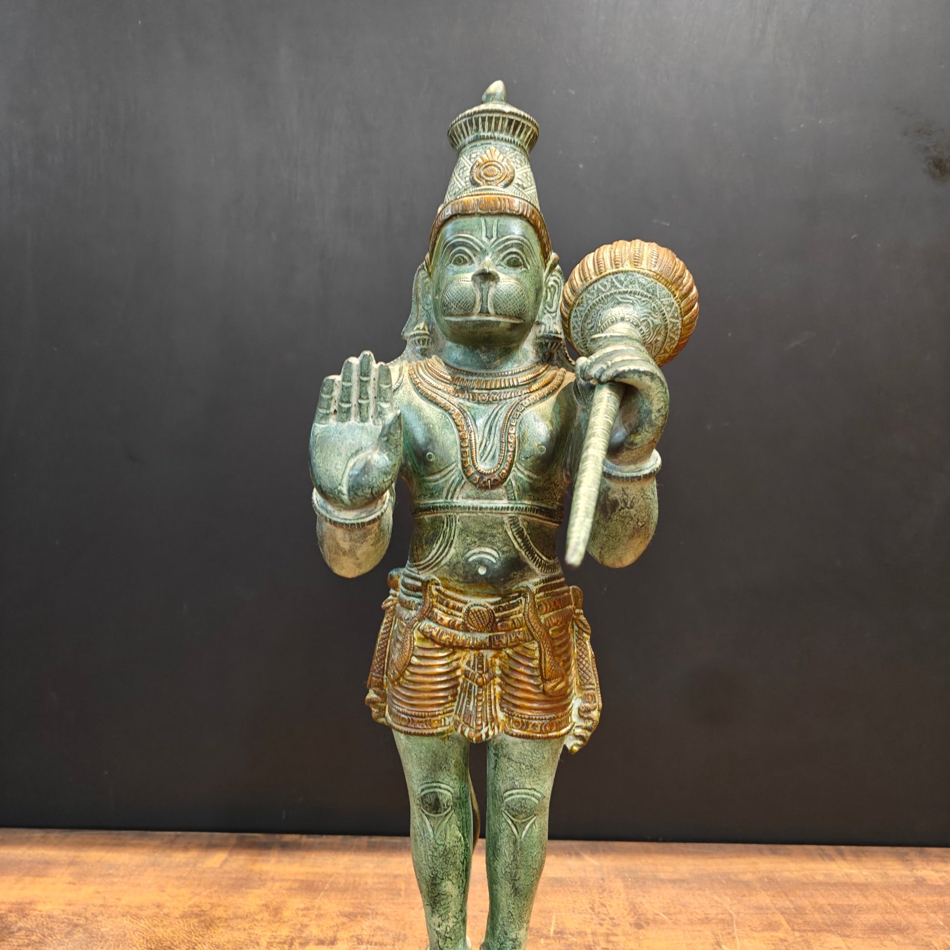 Brass Hanuman Statue Blessing Mudra Antique Patina Finish 22 Inches - Image 2