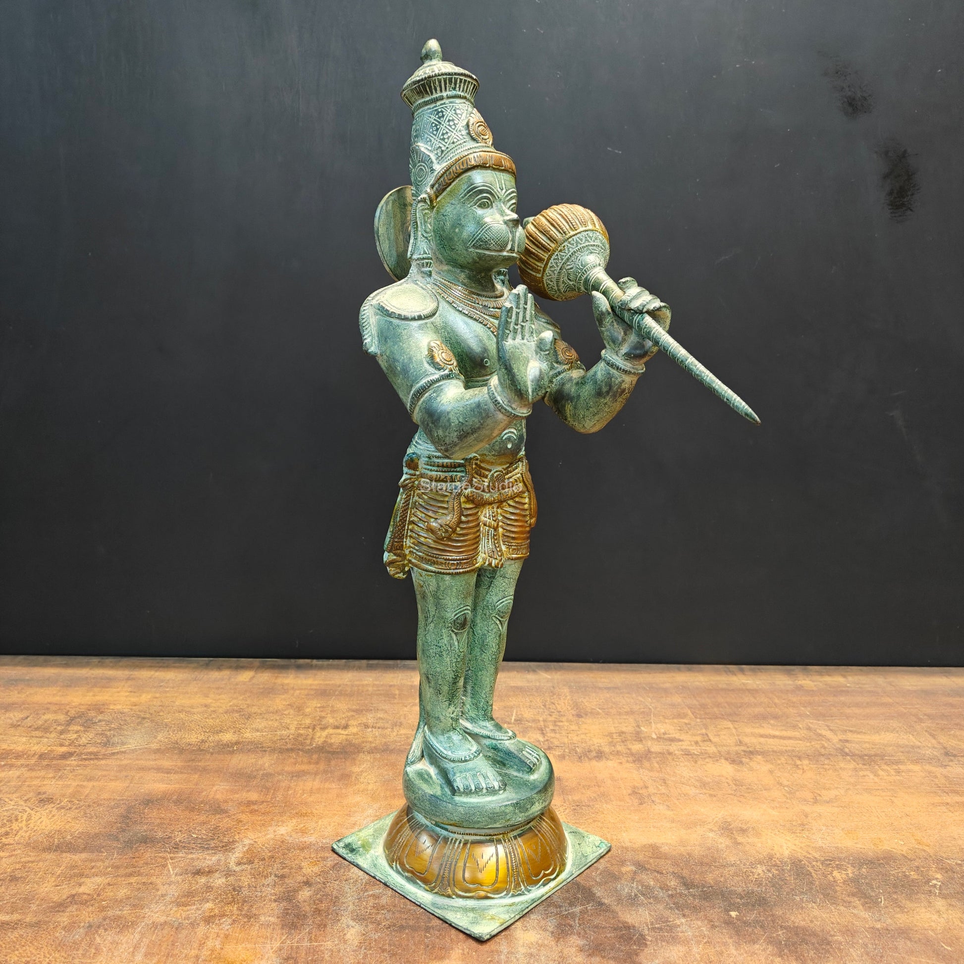 Brass Hanuman Statue Blessing Mudra Antique Patina Finish 22 Inches - Image 7