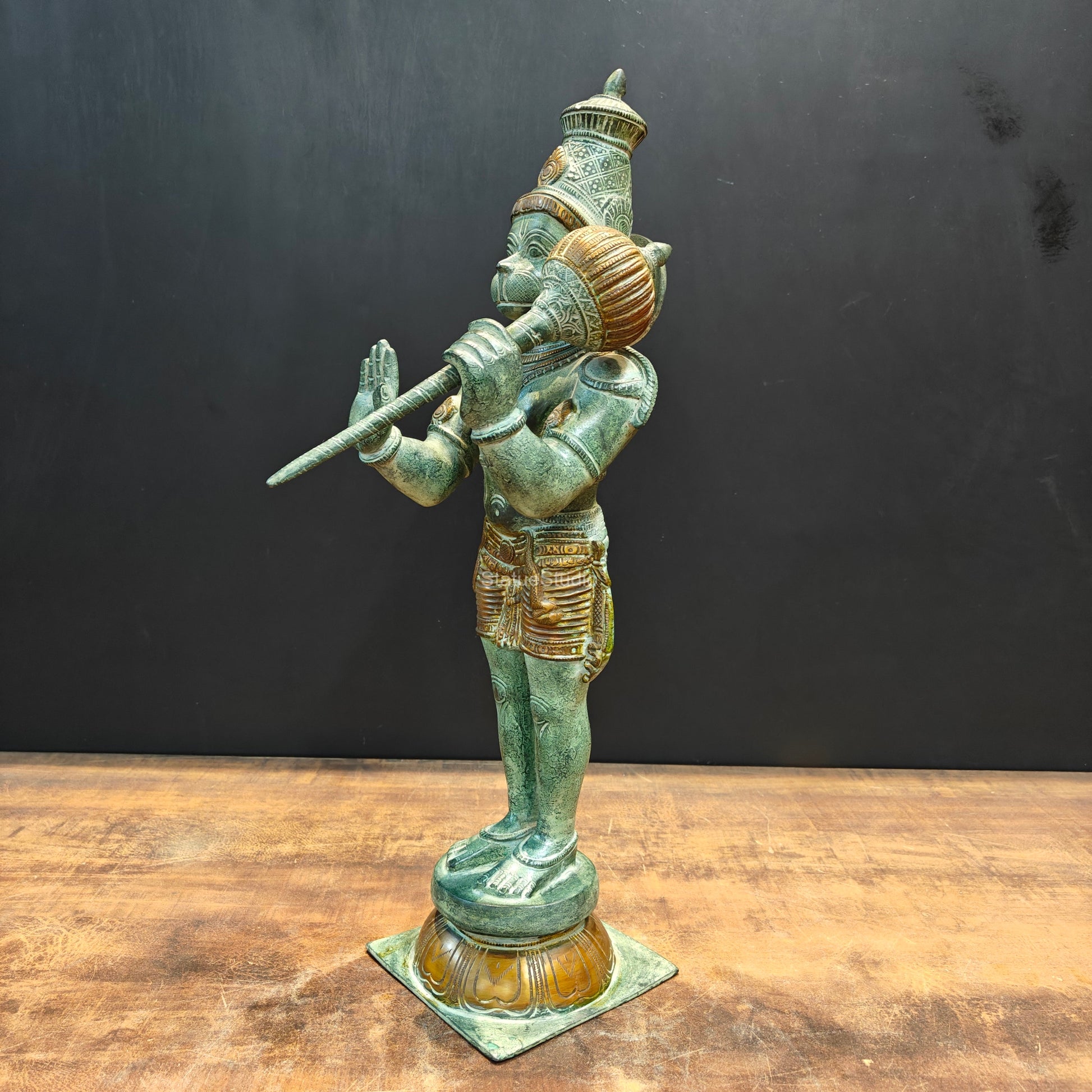 Brass Hanuman Statue Blessing Mudra Antique Patina Finish 22 Inches - Image 8