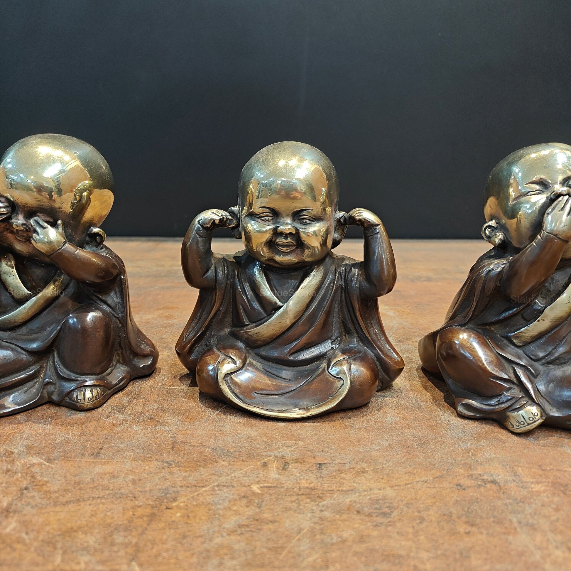 Brass Monks Baby Buddha Statues Set of 3 Wise Figurines 5 Inch - Image 2