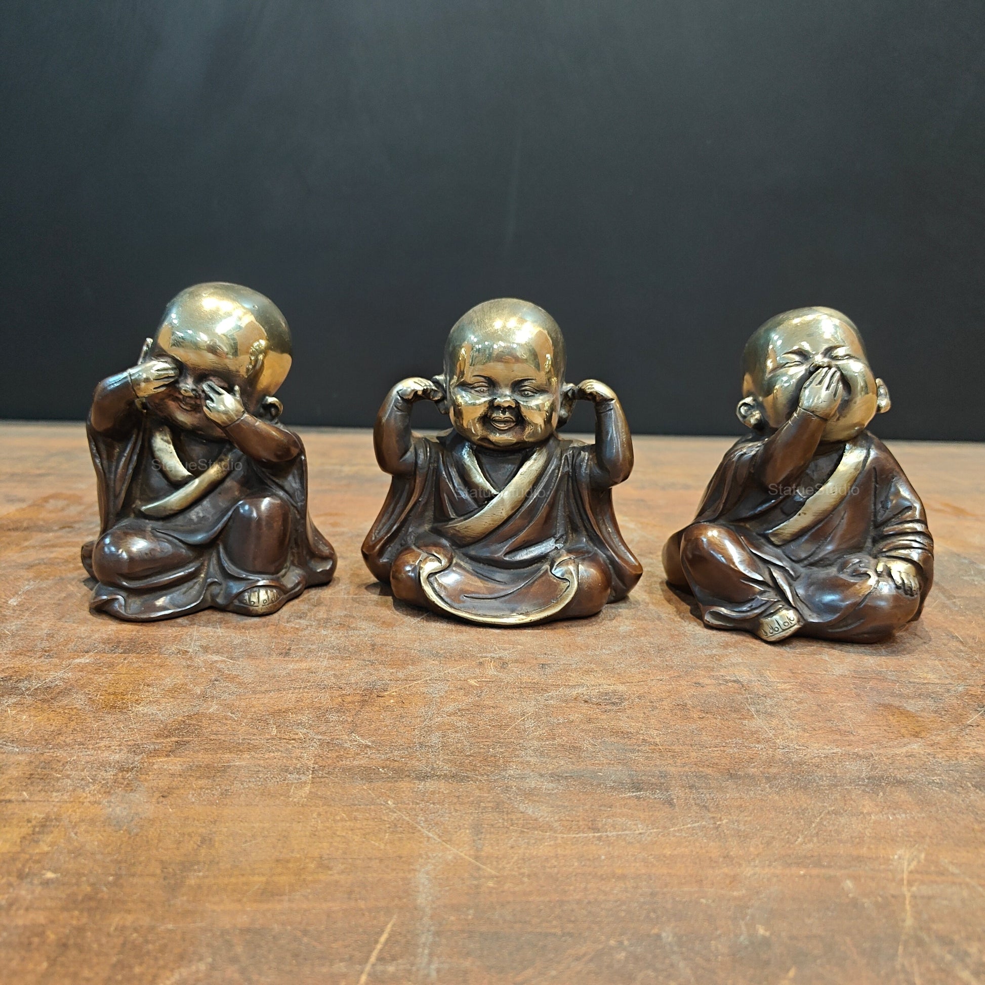 Brass Monks Baby Buddha Statues Set of 3 Wise Figurines 5 Inch - Image 3