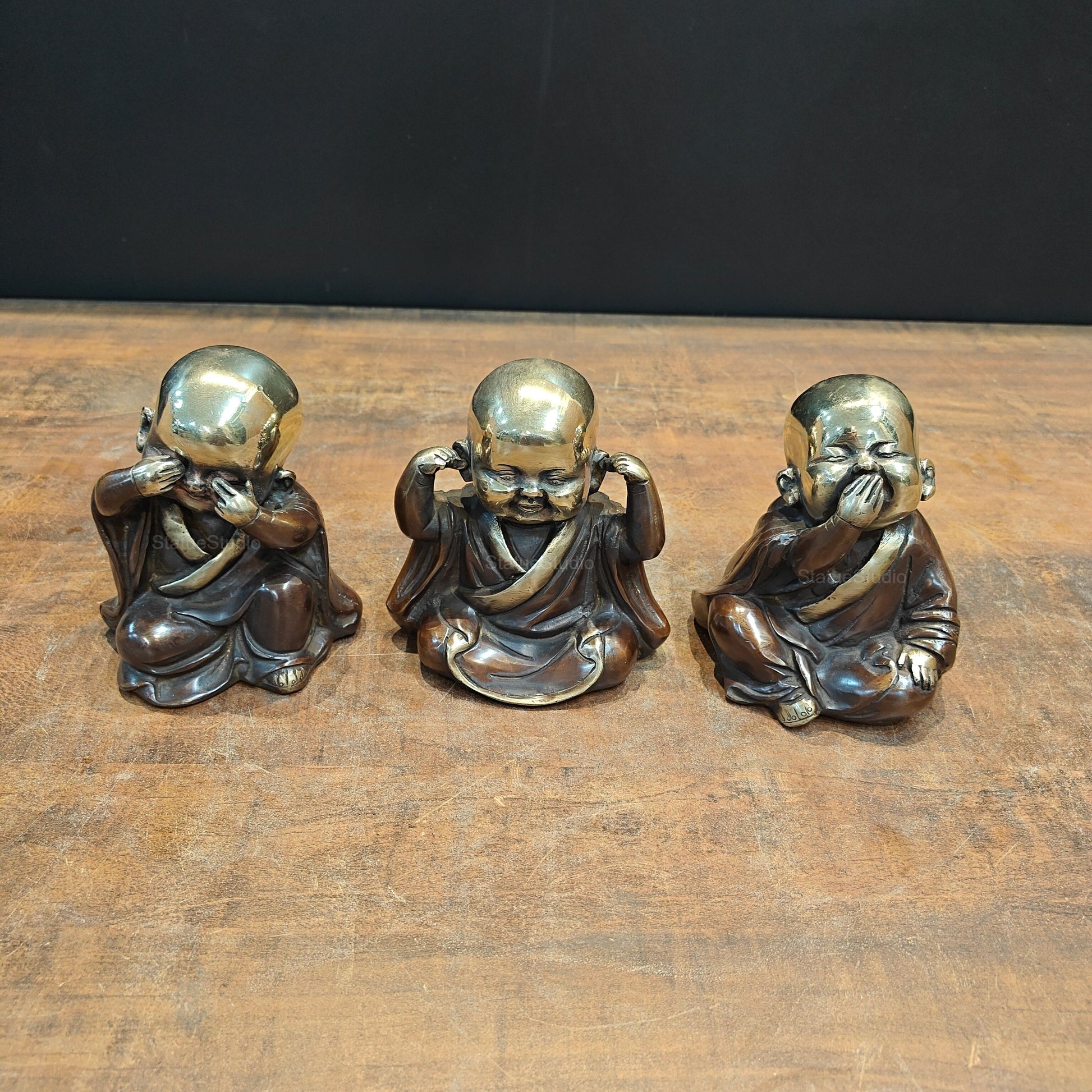Brass Monks Baby Buddha Statues Set of 3 Wise Figurines 5 Inch - Image 4