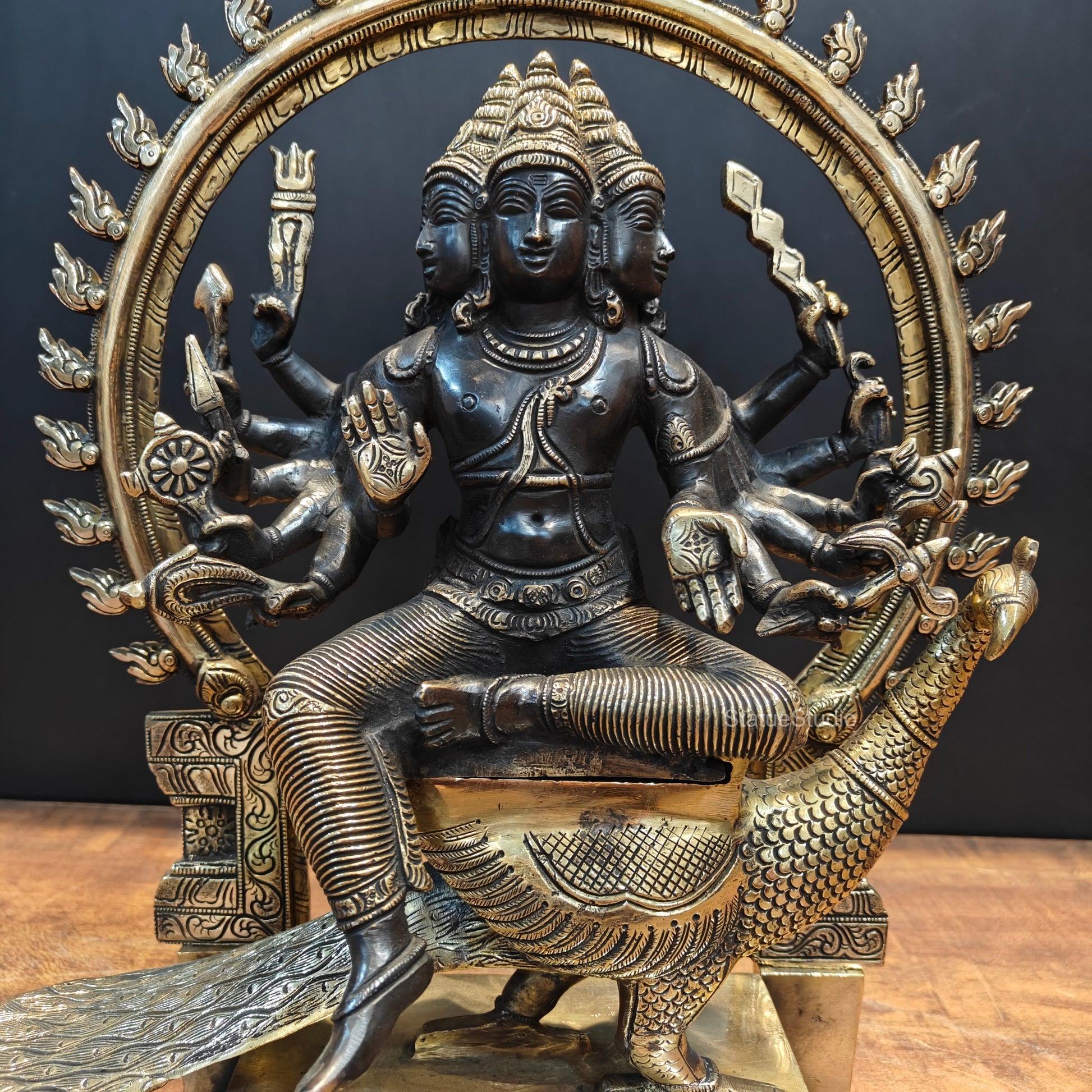 Brass Six Face Kartikeya Murugan Idol Antique Finish 17 Inch - Image 2