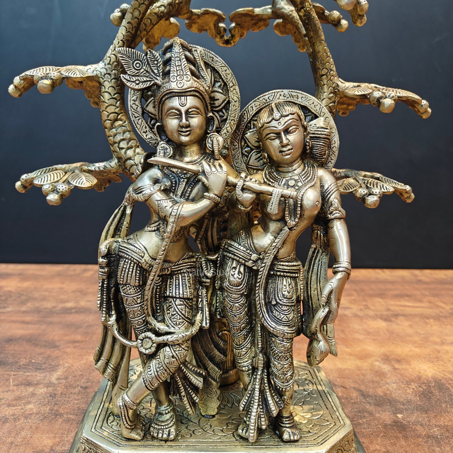 Brass Radha Krishna Idols Under Kalpvriksha Tree 17 Inches