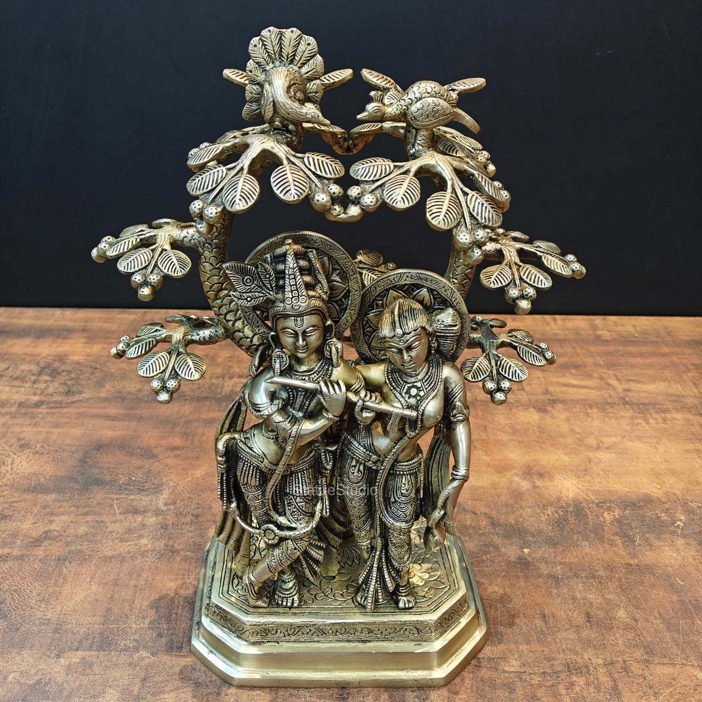 Brass Radha Krishna Idols Under Kalpvriksha Tree 17 Inches