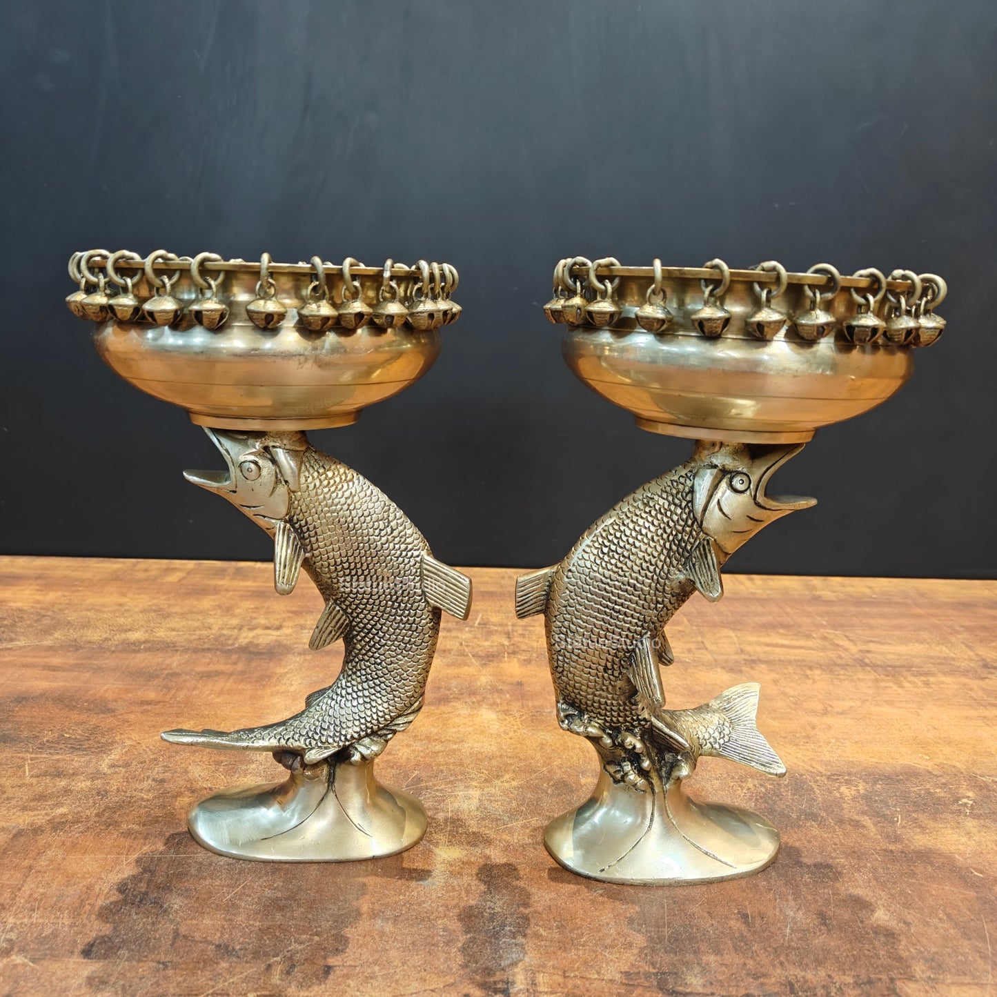 Brass Fish Designer Urli Pair For Home Office Decor 11 Inches