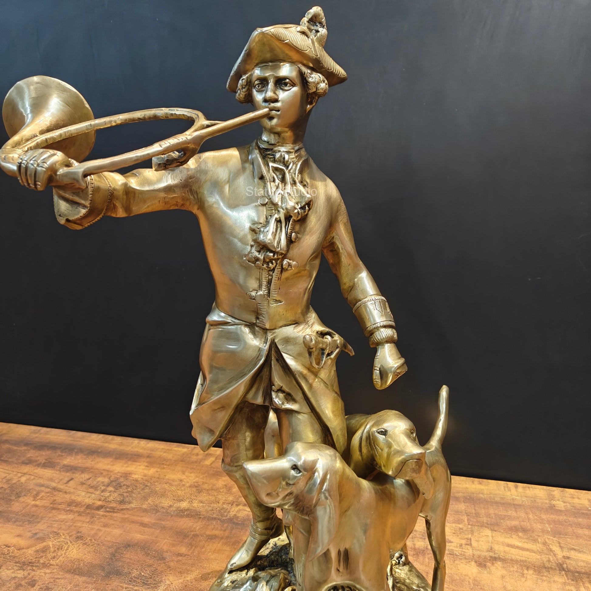 Brass French Huntsman Statue With Hounds 27 Inches - Image 2