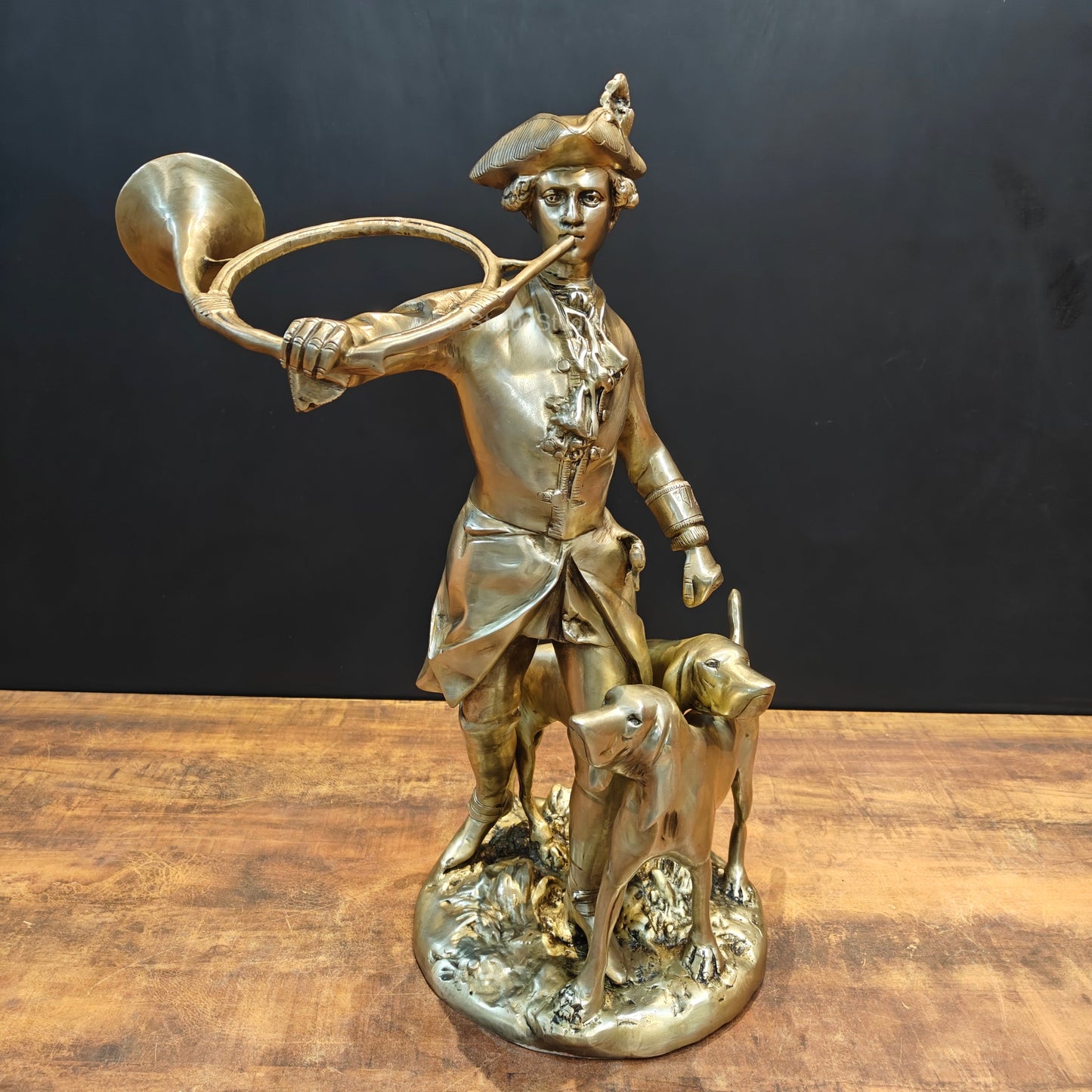 Brass French Huntsman Statue With Hounds 27 Inches