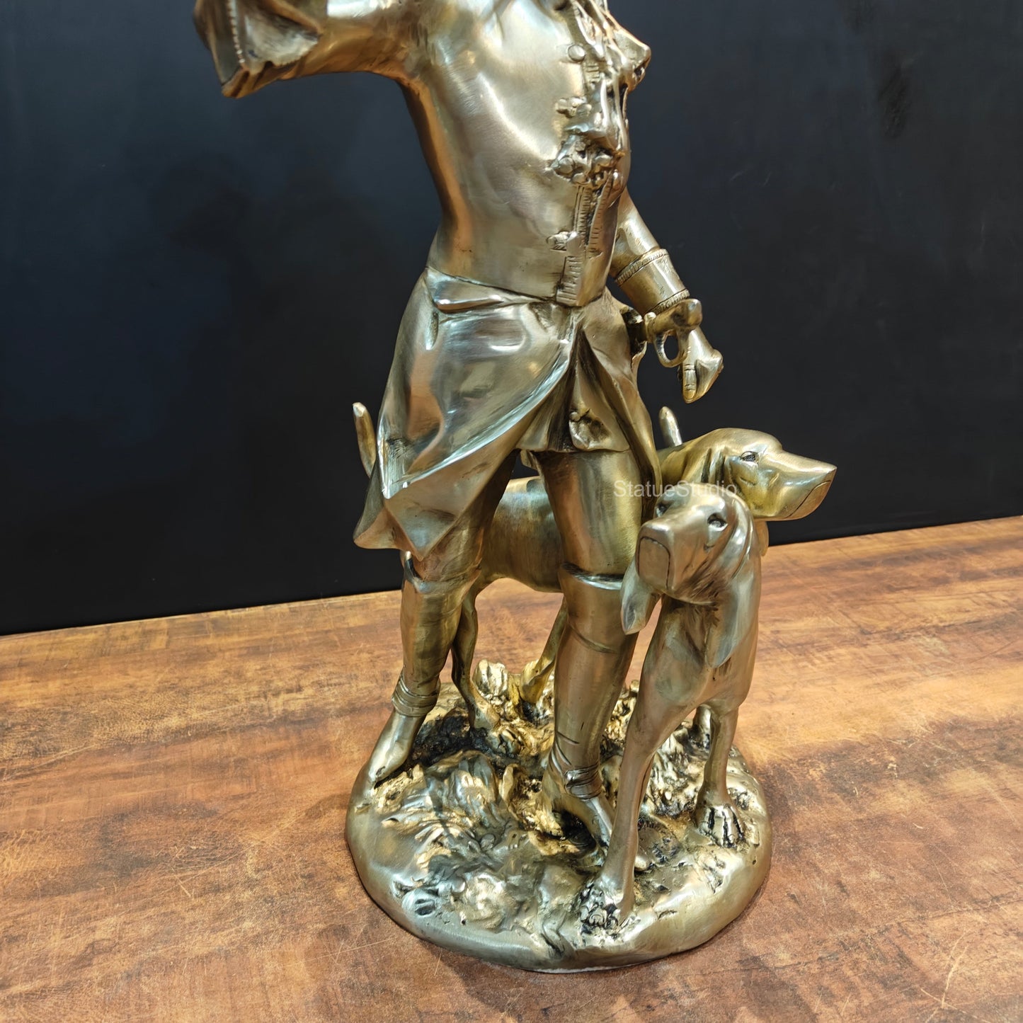 Brass French Huntsman Statue With Hounds 27 Inches