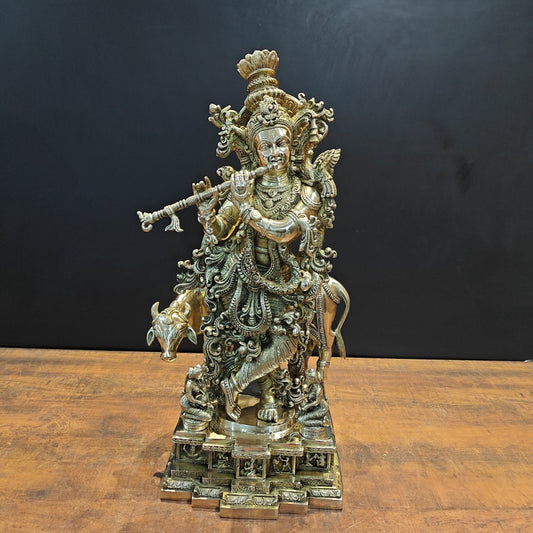 Brass Large Krishna Idol With Cow On Pedestal 28 Inches