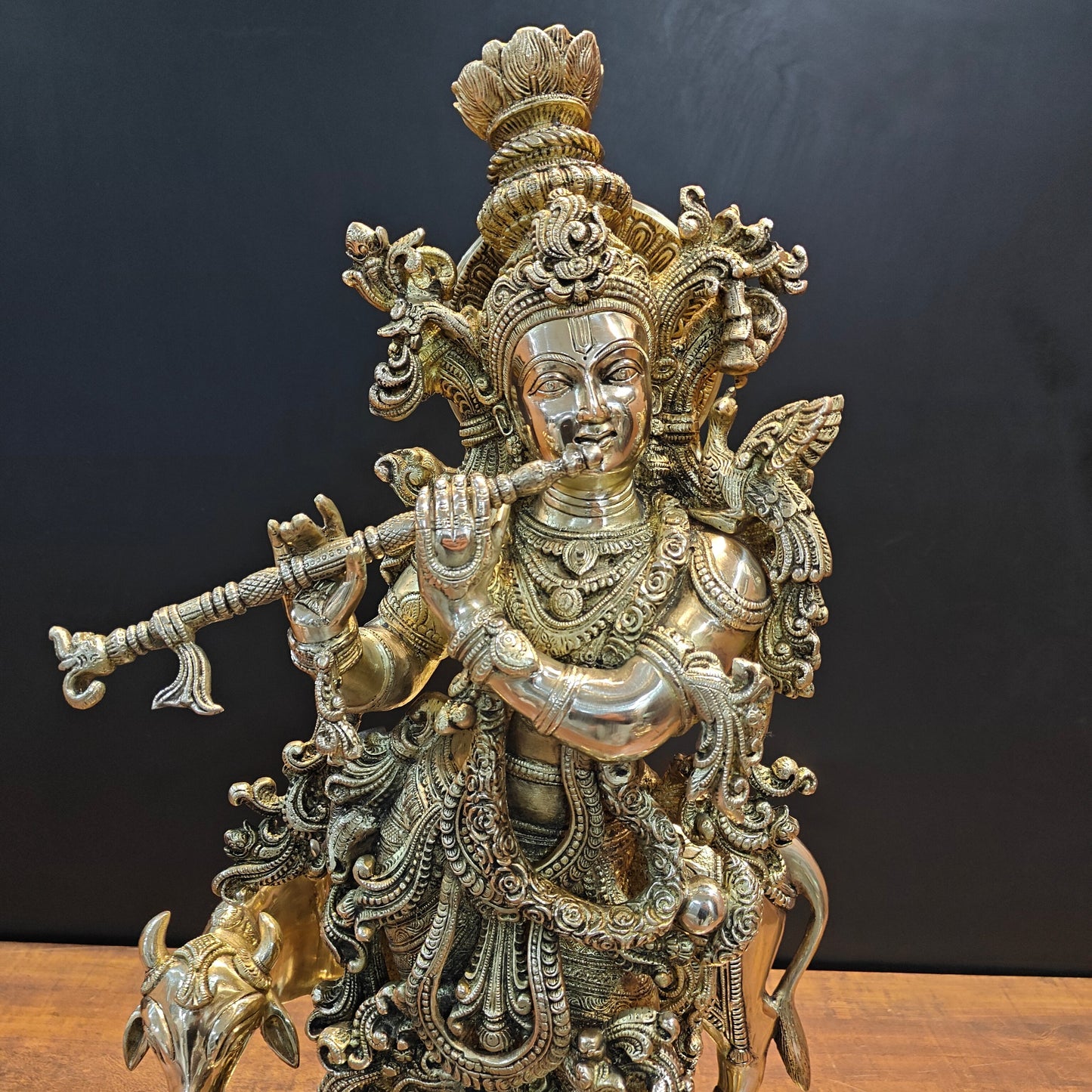 Brass Large Krishna Idol With Cow On Pedestal 28 Inches