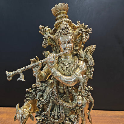 Brass Large Krishna Idol With Cow On Pedestal 28 Inches by vendor-unknown - Hindu Gods (View 2)