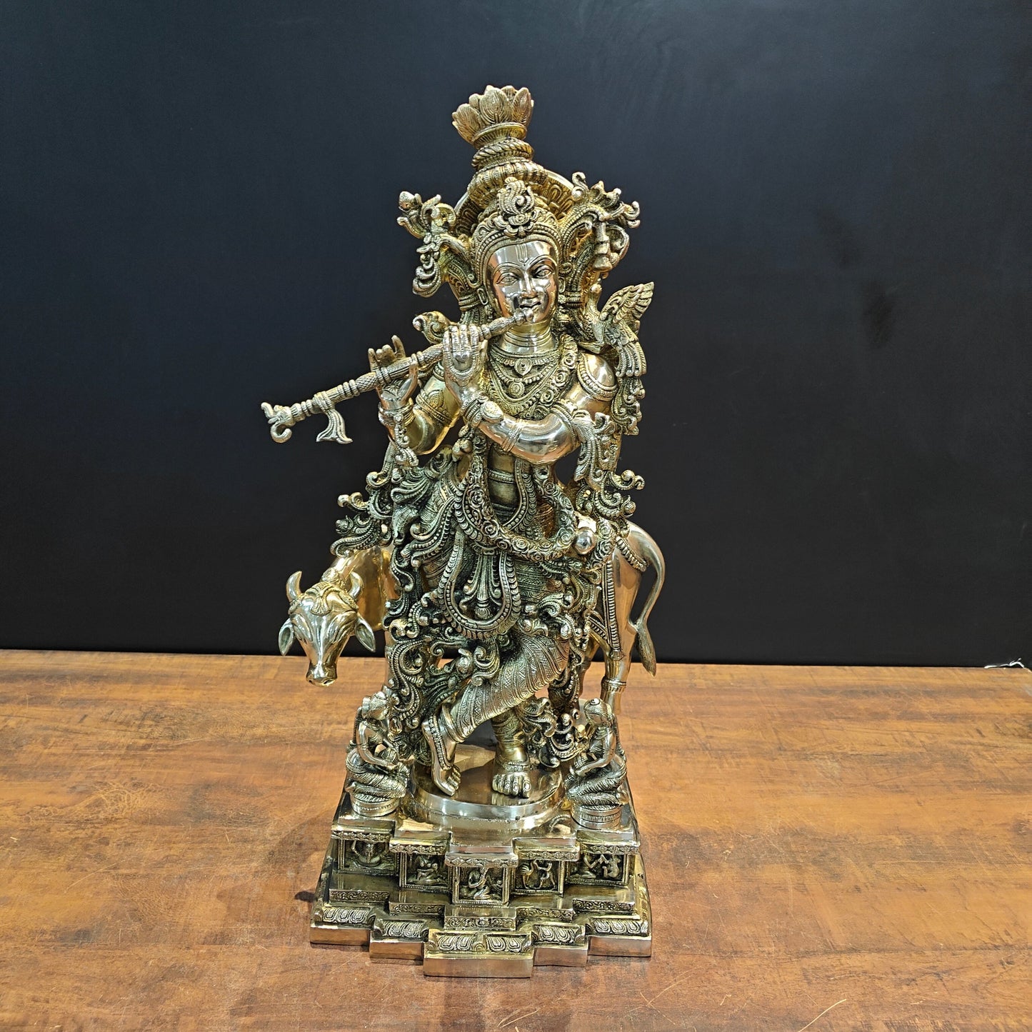 Brass Large Krishna Idol With Cow On Pedestal 28 Inches