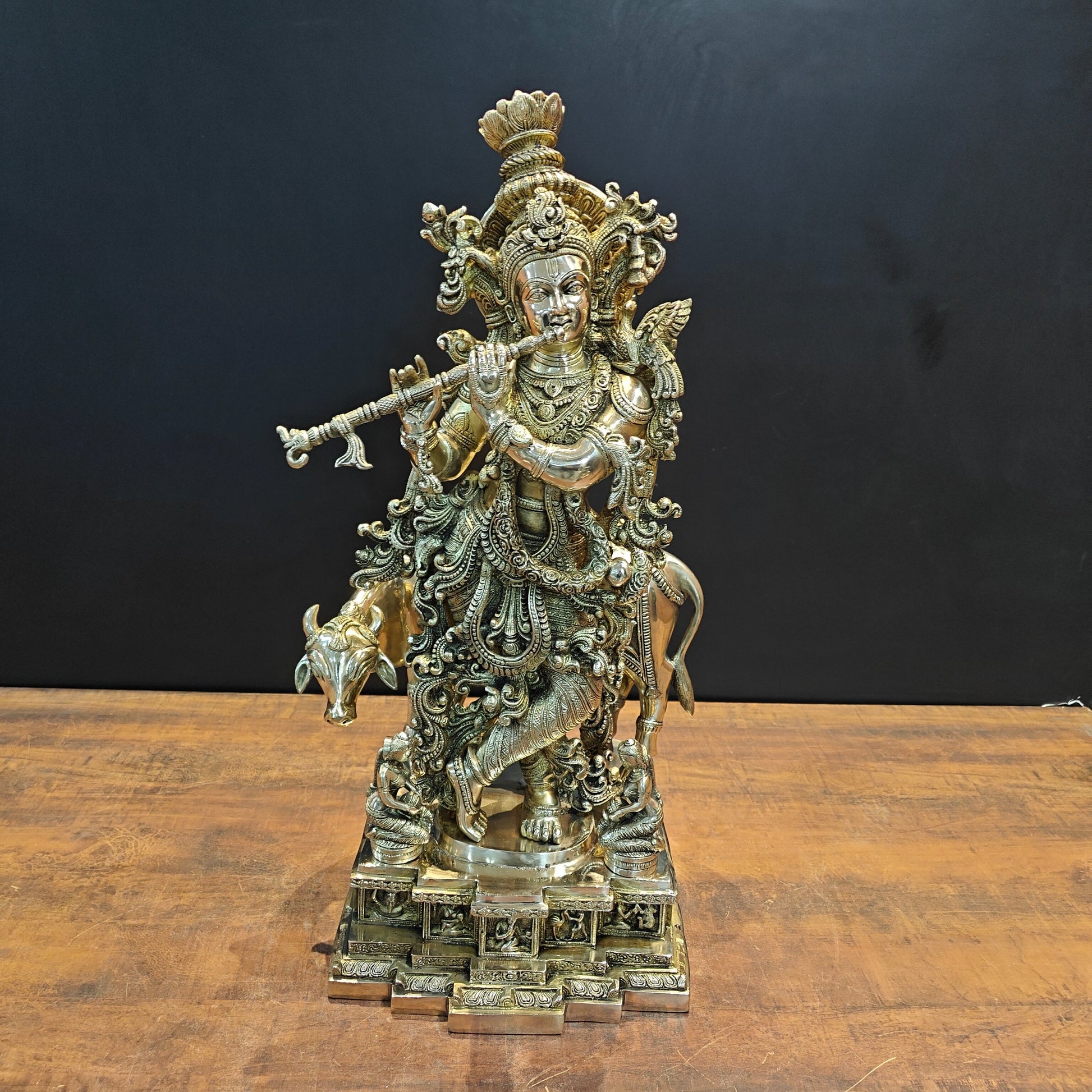 Brass Large Krishna Idol With Cow On Pedestal 28 Inches - Image 4