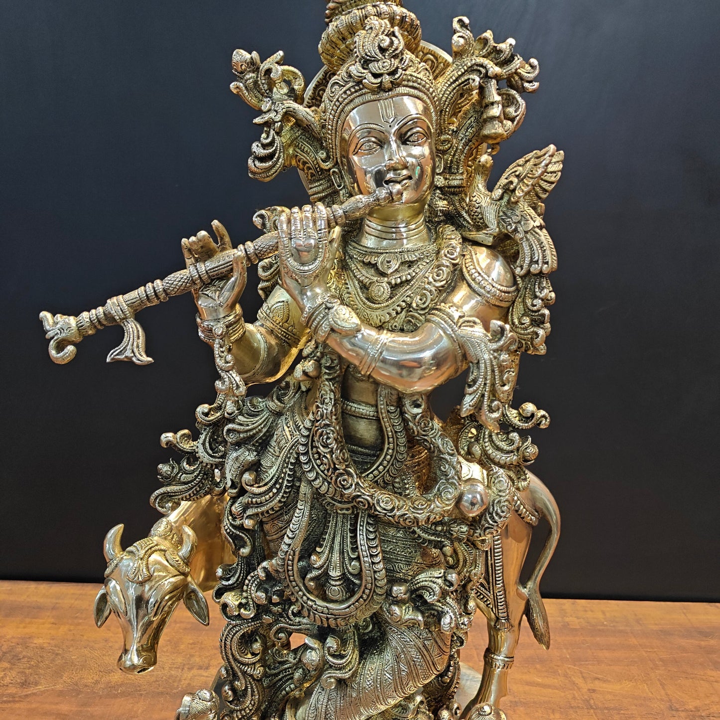 Brass Large Krishna Idol With Cow On Pedestal 28 Inches