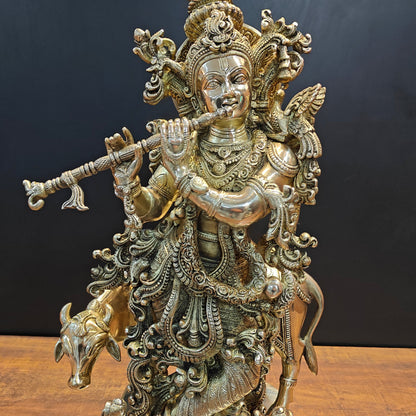 Brass Large Krishna Idol With Cow On Pedestal 28 Inches by vendor-unknown - Hindu Gods (View 7)