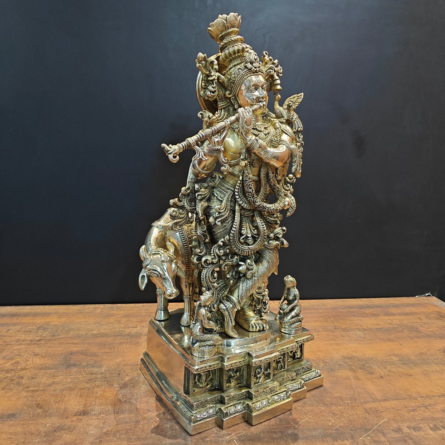Brass Large Krishna Idol With Cow On Pedestal 28 Inches