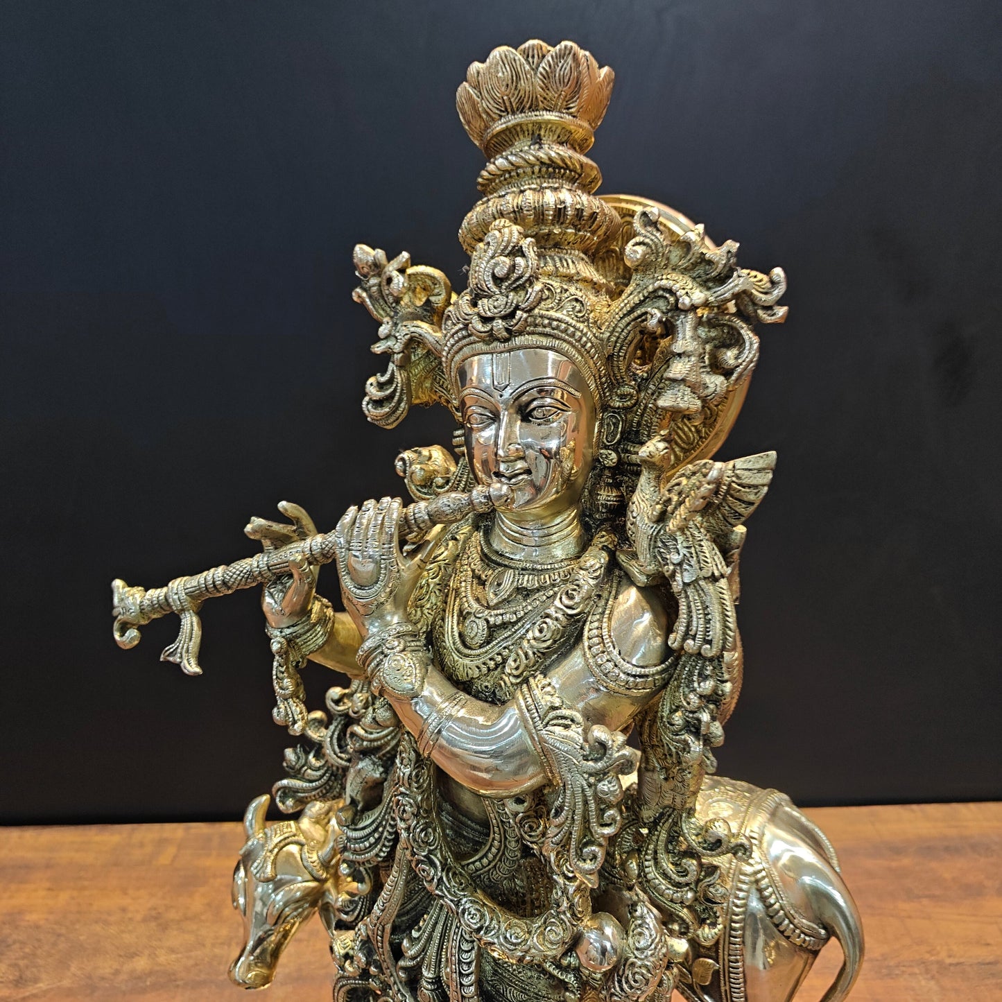 Brass Large Krishna Idol With Cow On Pedestal 28 Inches