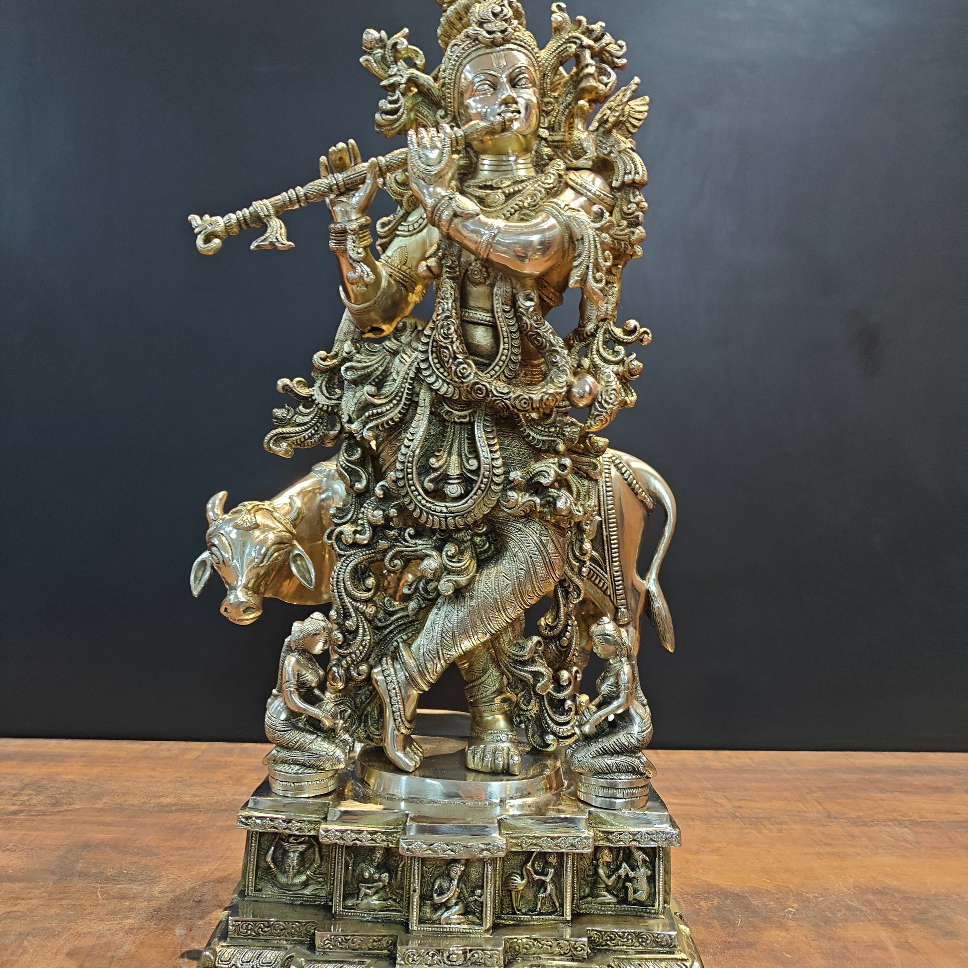 Brass Large Krishna Idol With Cow On Pedestal 28 Inches - Image 8