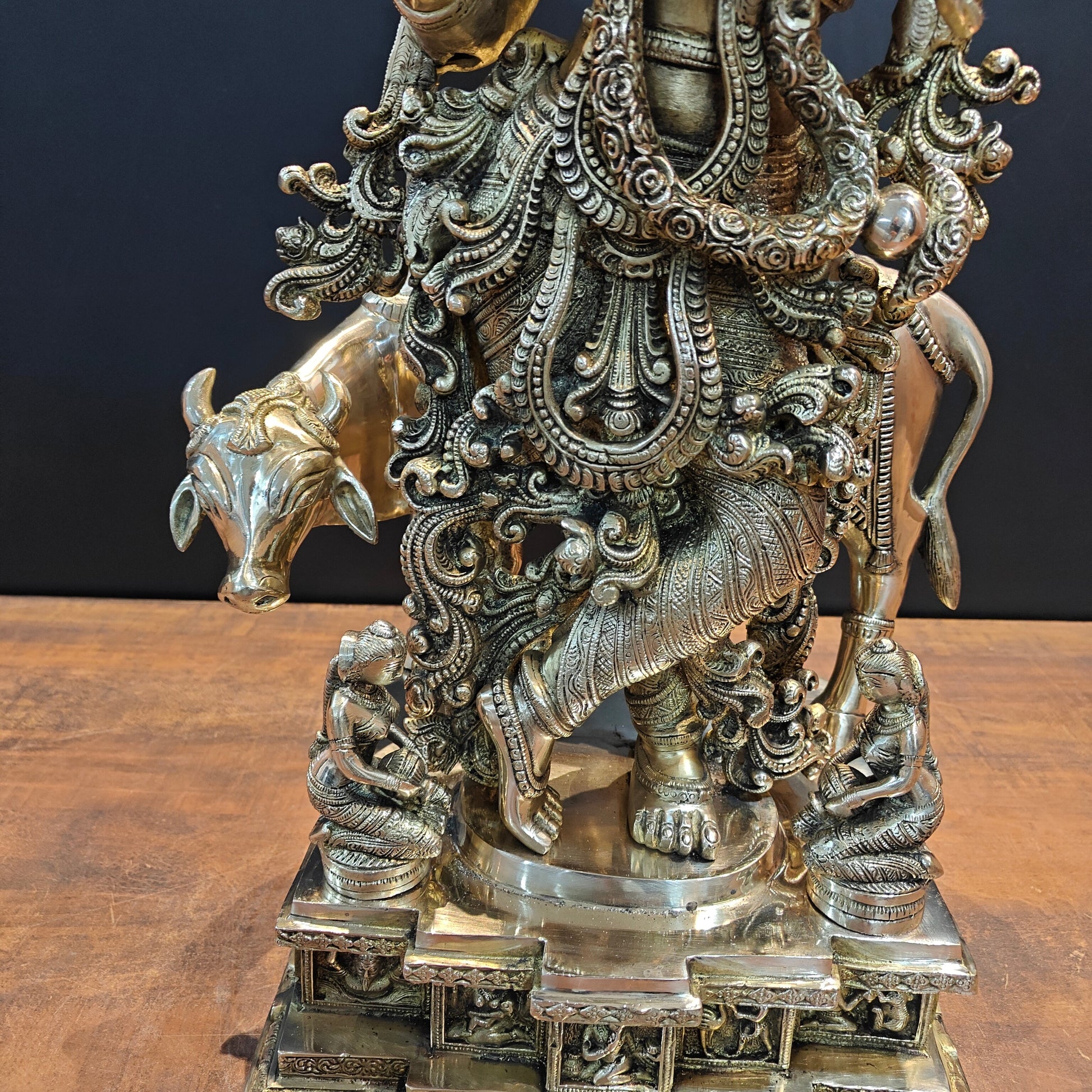 Brass Large Krishna Idol With Cow On Pedestal 28 Inches - Image 9