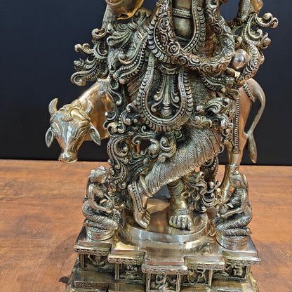 Brass Large Krishna Idol With Cow On Pedestal 28 Inches by vendor-unknown - Hindu Gods (View 9)