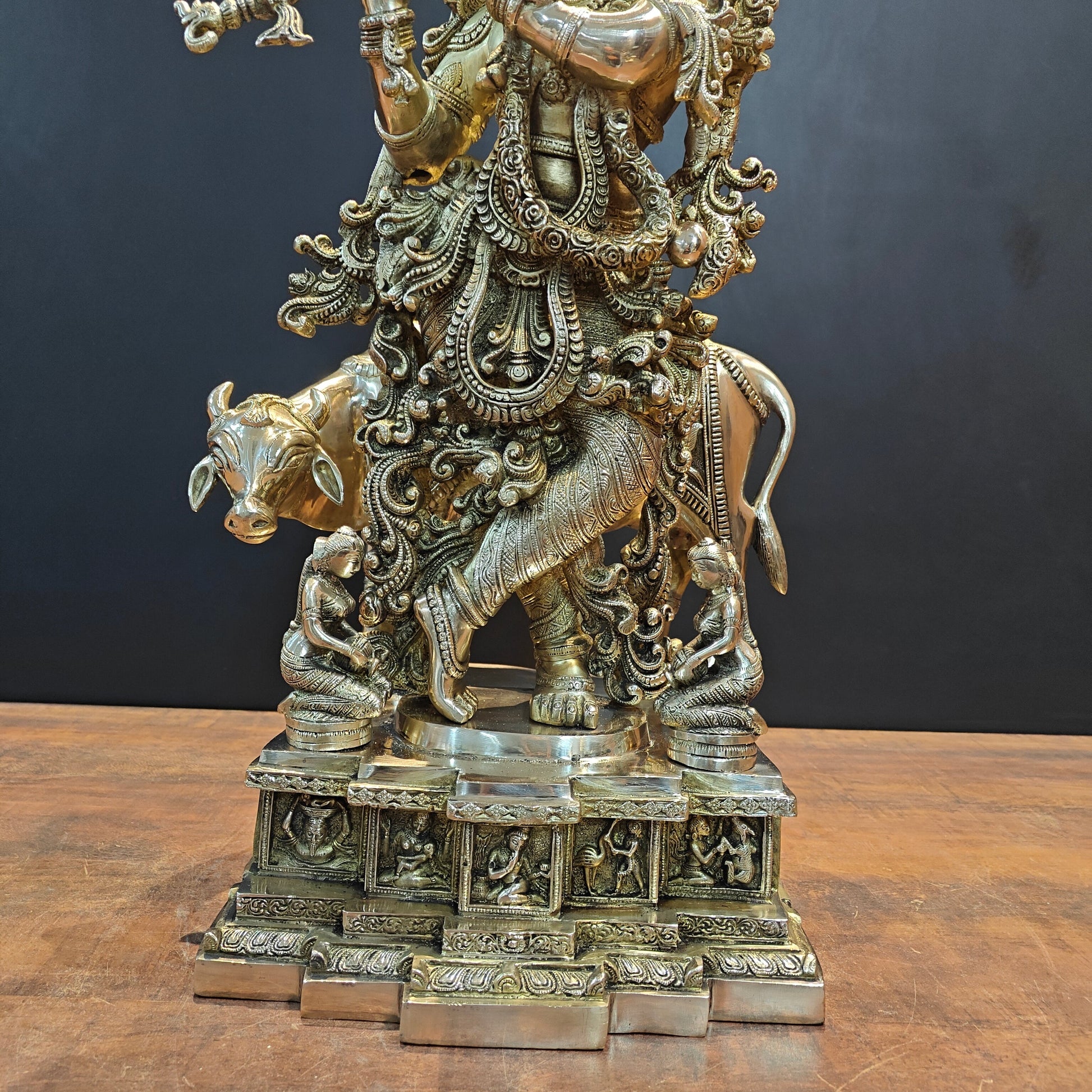 Brass Large Krishna Idol With Cow On Pedestal 28 Inches - Image 10