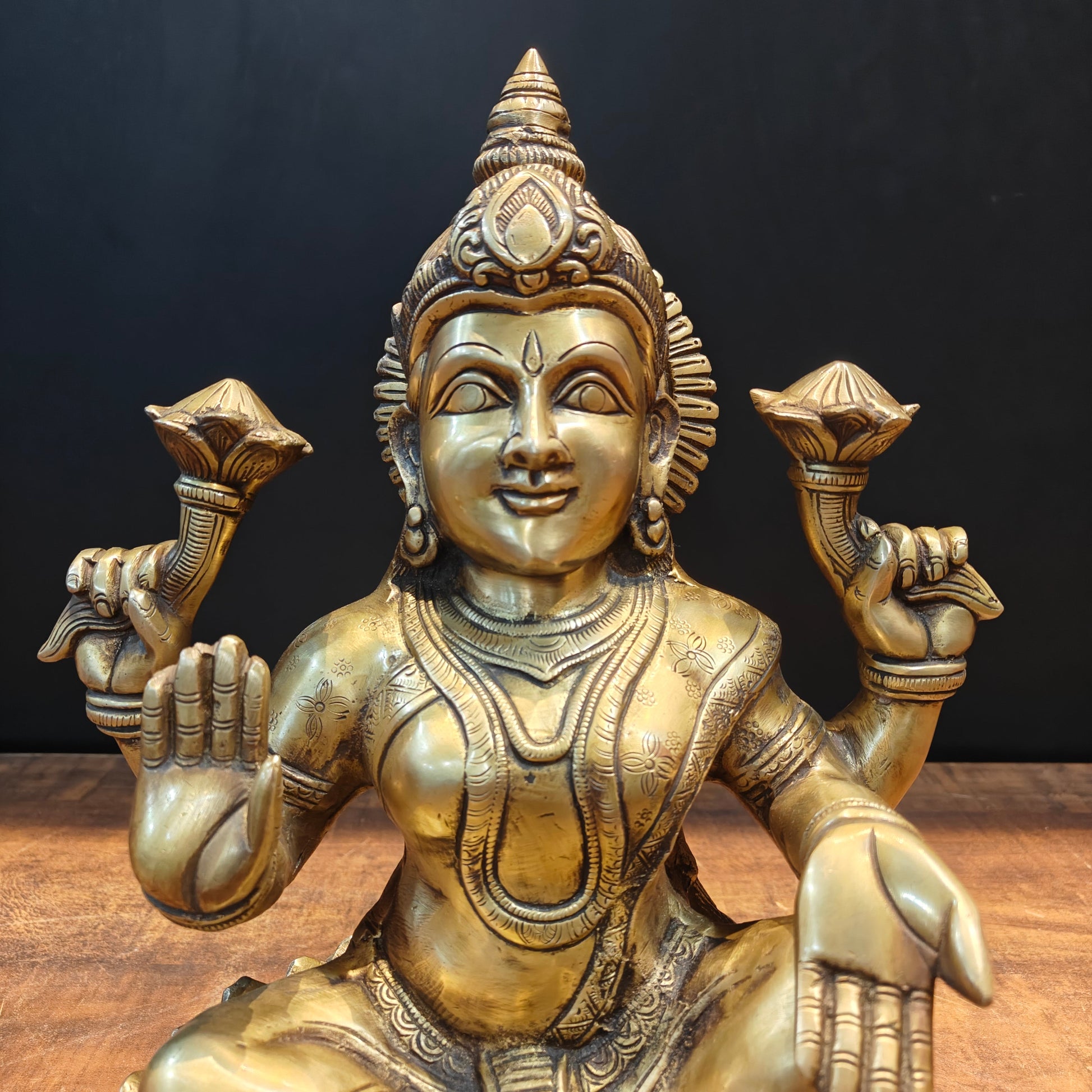 Brass Goddess Lakshmi Idol Sitting On Lotus Base 14 Inch - Image 2