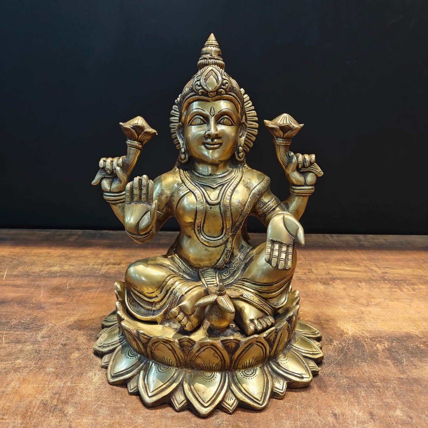 Brass Goddess Lakshmi Idol Sitting On Lotus Base 14 Inch