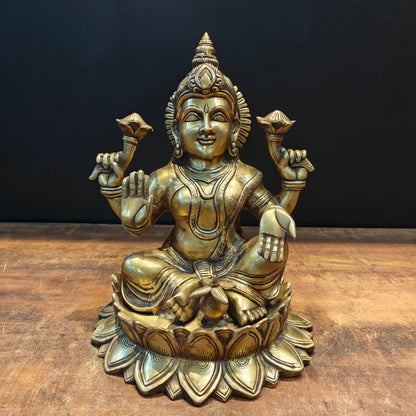 Brass Goddess Lakshmi Idol Sitting On Lotus Base 14 Inch by vendor-unknown - Hindu Gods (View 3)
