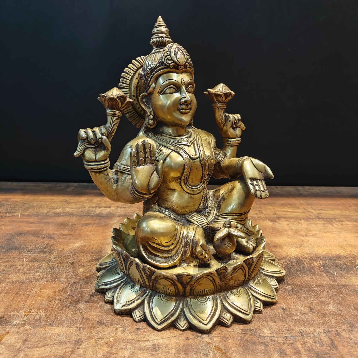 Brass Goddess Lakshmi Idol Sitting On Lotus Base 14 Inch