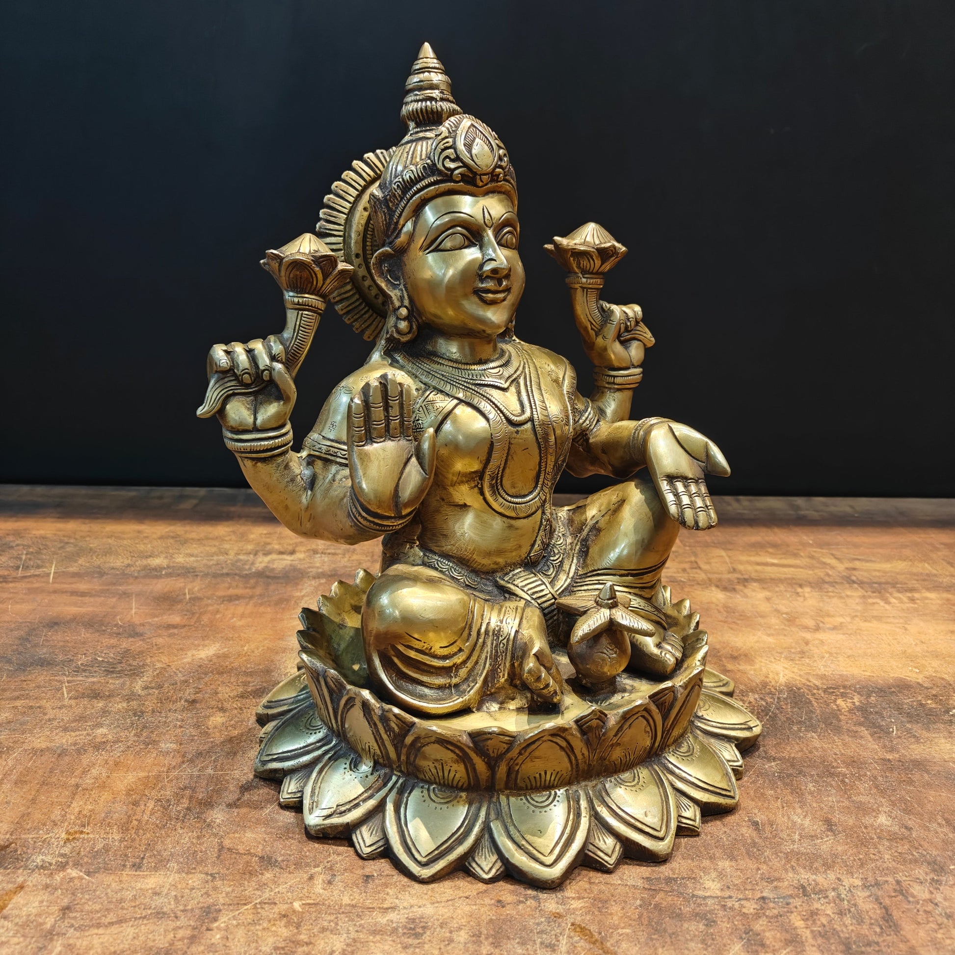 Brass Goddess Lakshmi Idol Sitting On Lotus Base 14 Inch - Image 4