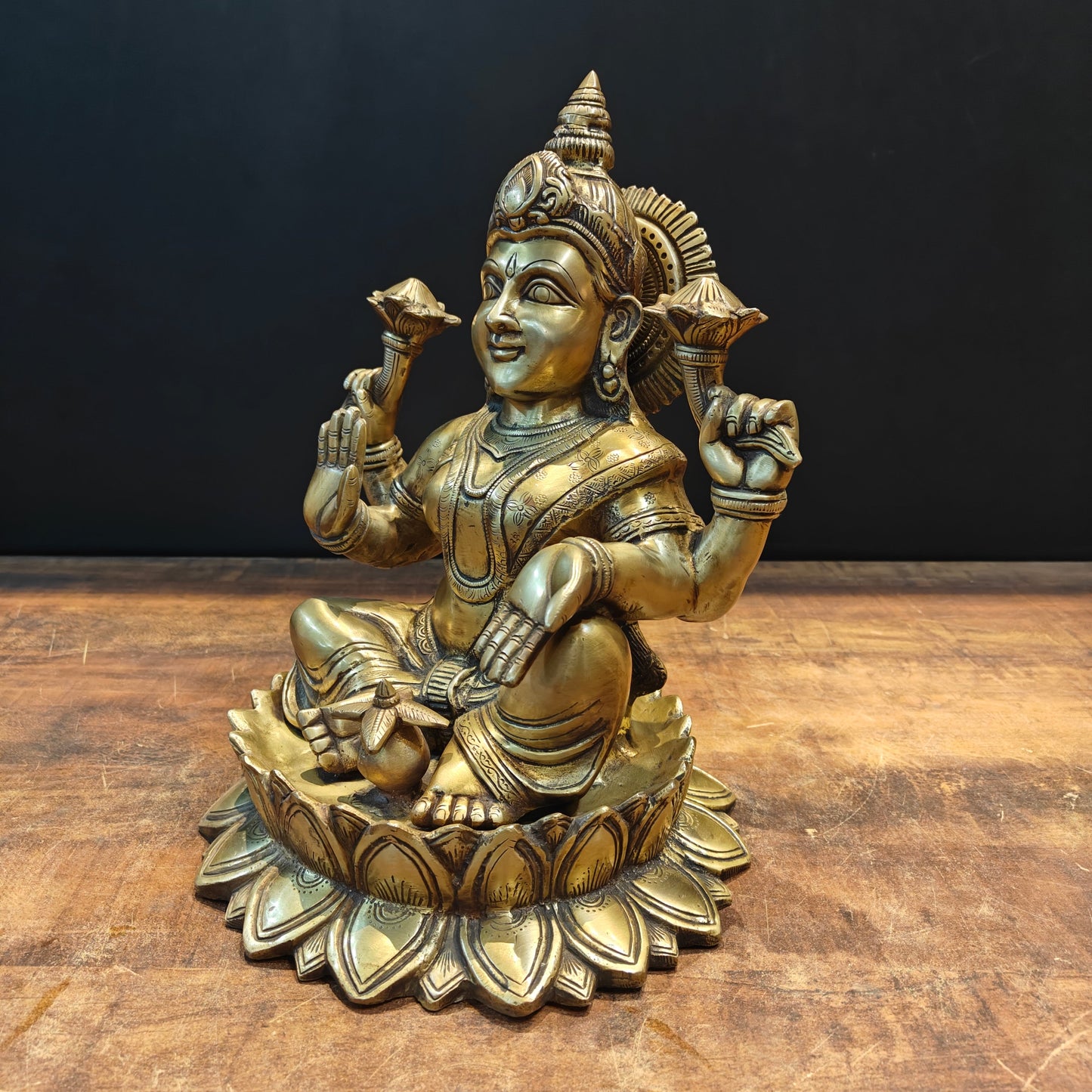 Brass Goddess Lakshmi Idol Sitting On Lotus Base 14 Inch