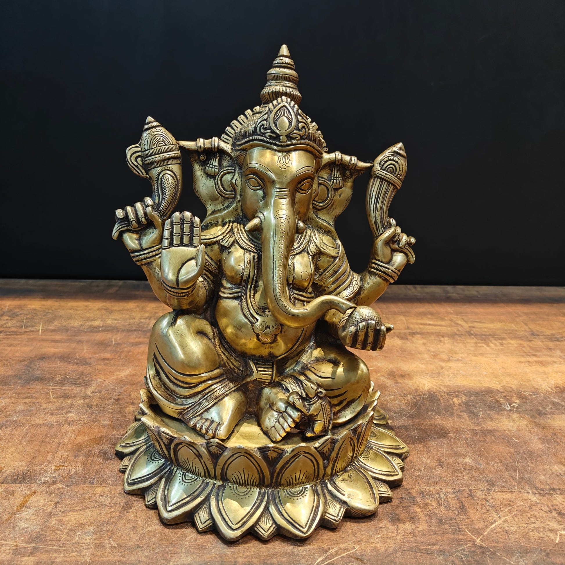 Brass Ganpati Idol Sitting On Lotus Base Antique Finish 14 Inches - Image 3