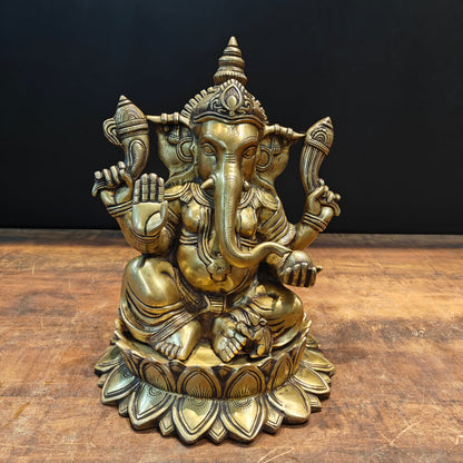 Brass Ganpati Idol Sitting On Lotus Base Antique Finish 14 Inches by vendor-unknown - Hindu Gods (View 3)