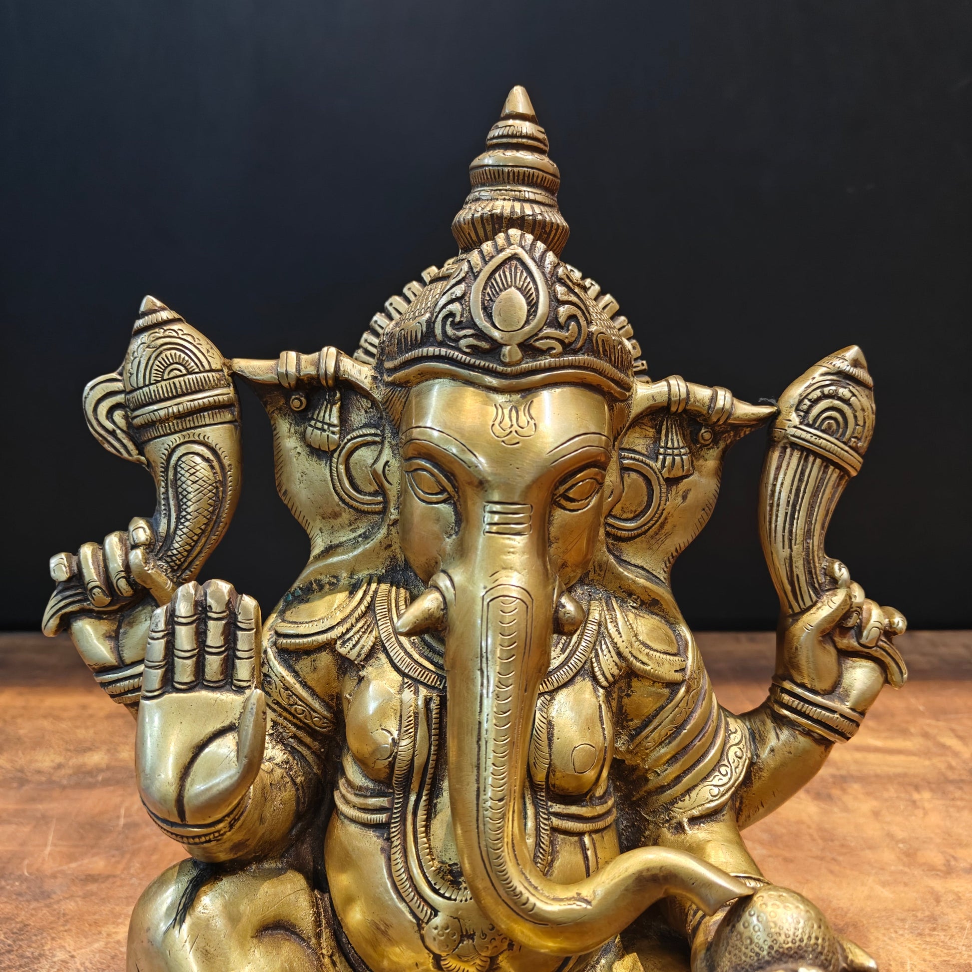 Brass Ganpati Idol Sitting On Lotus Base Antique Finish 14 Inches - Image 2