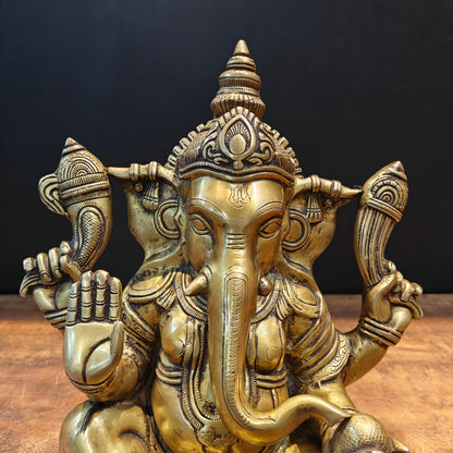 Brass Ganpati Idol Sitting On Lotus Base Antique Finish 14 Inches by vendor-unknown - Hindu Gods (View 2)