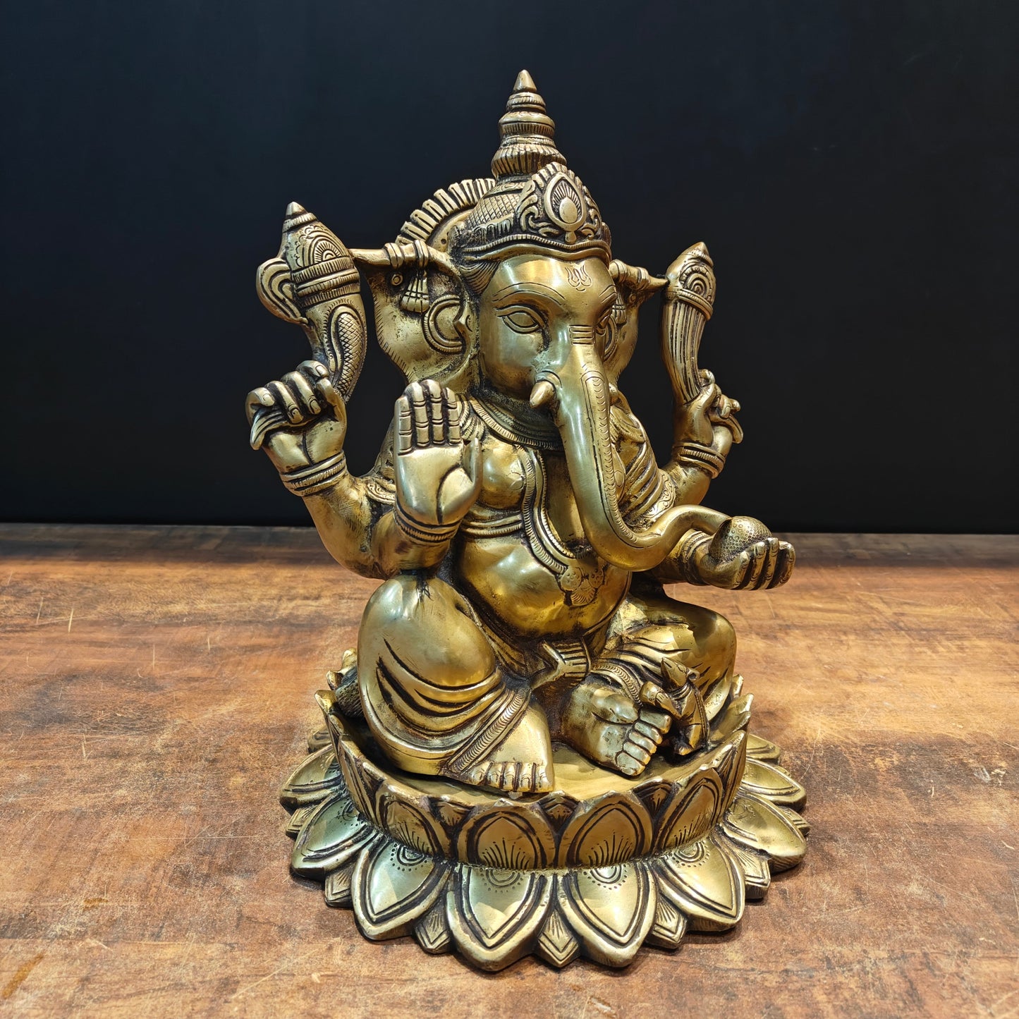 Brass Ganpati Idol Sitting On Lotus Base Antique Finish 14 Inches