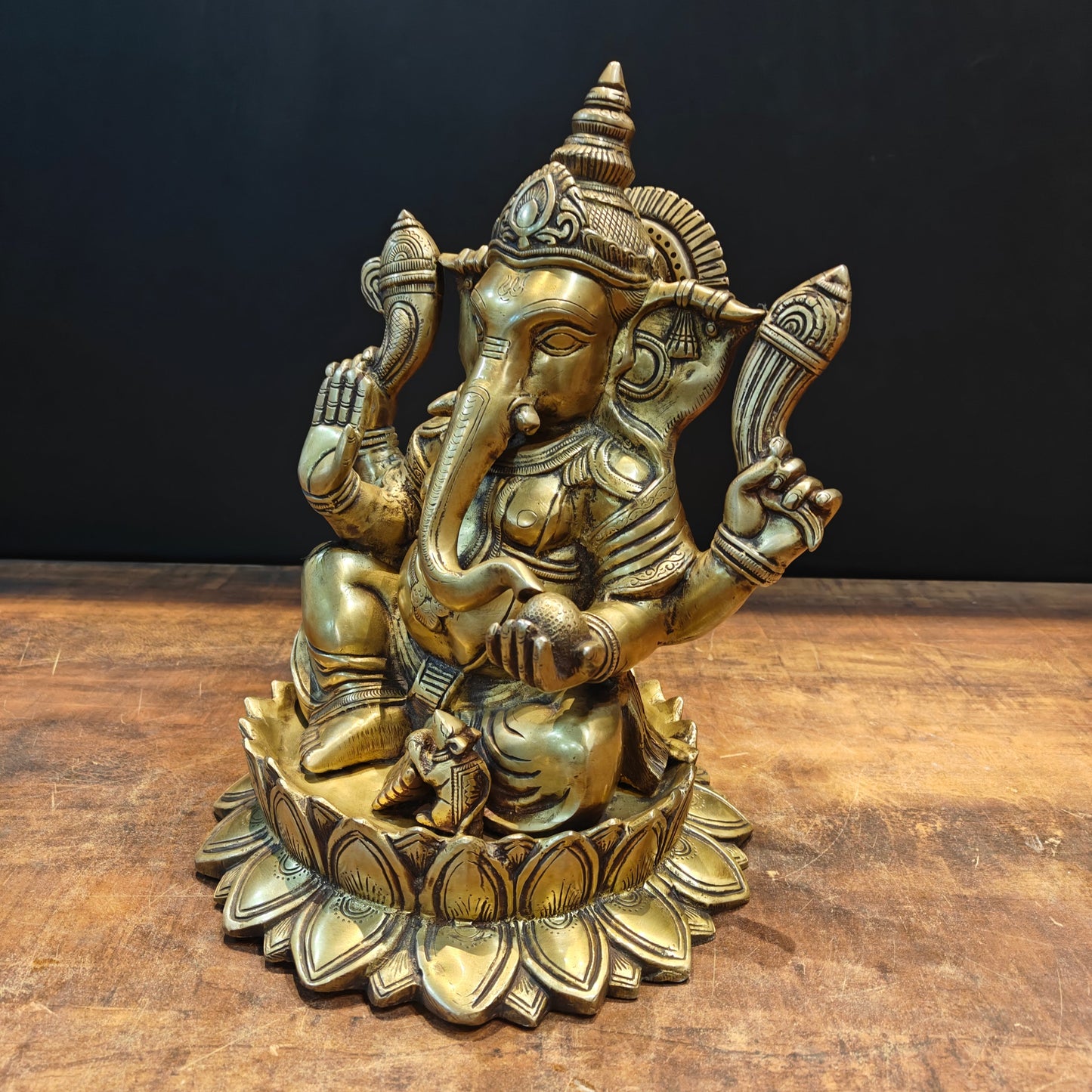 Brass Ganpati Idol Sitting On Lotus Base Antique Finish 14 Inches