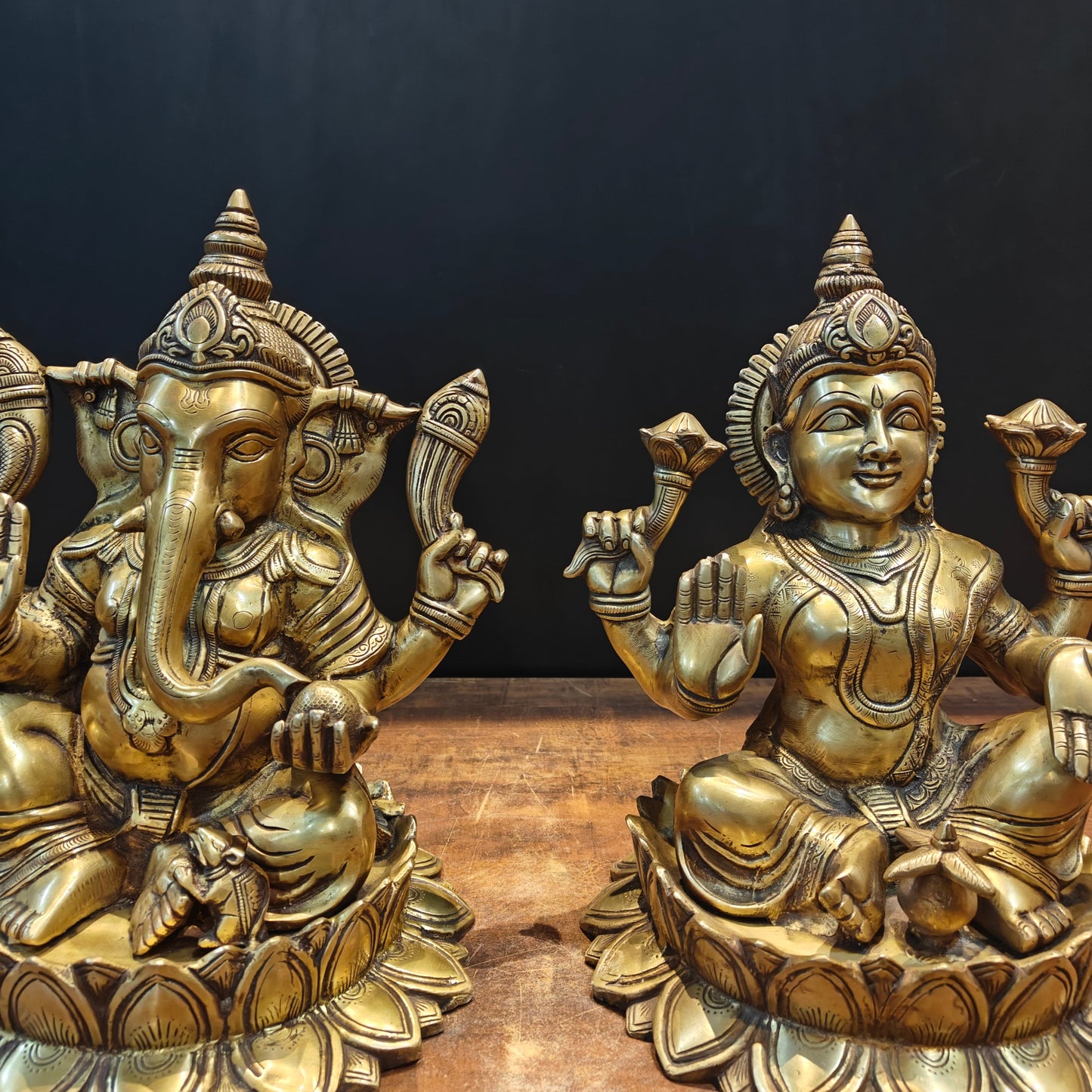 Brass Ganesha Lakshmi Idol Sitting On Lotus Base 14 Inch