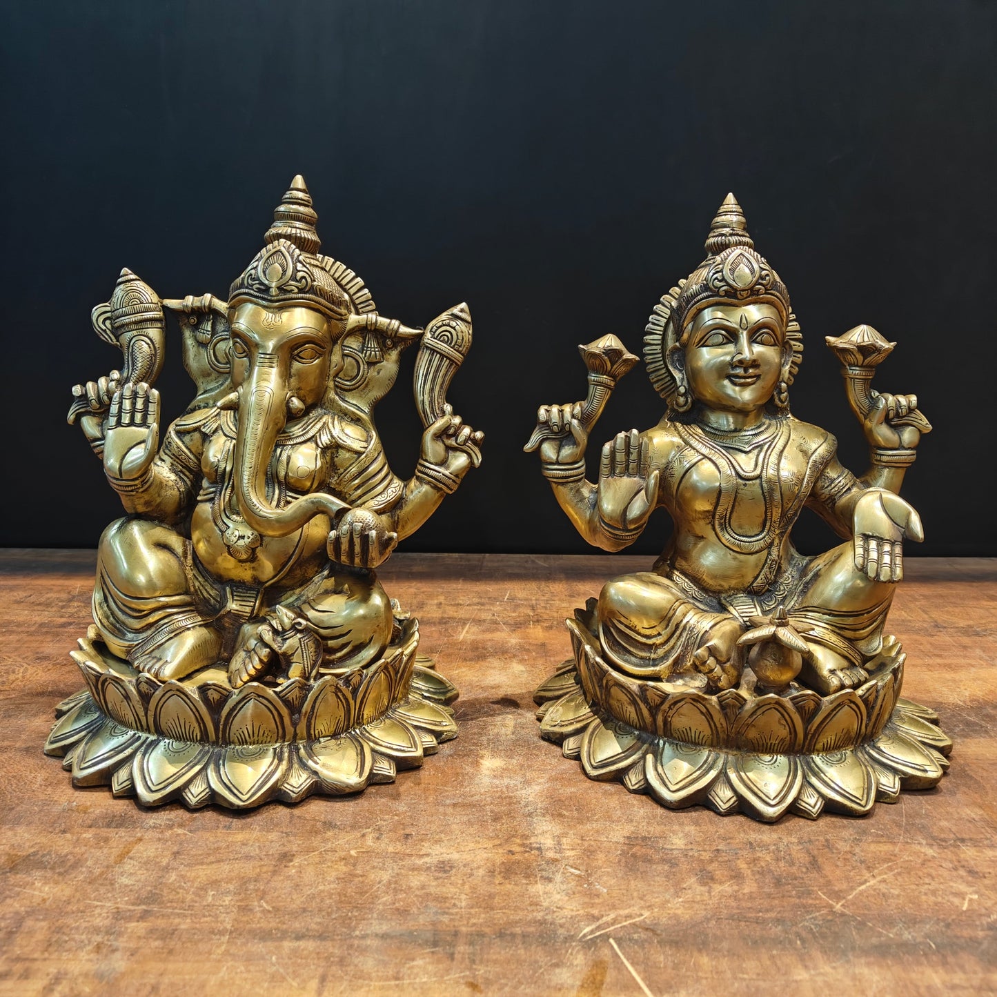 Brass Ganesha Lakshmi Idol Sitting On Lotus Base 14 Inch